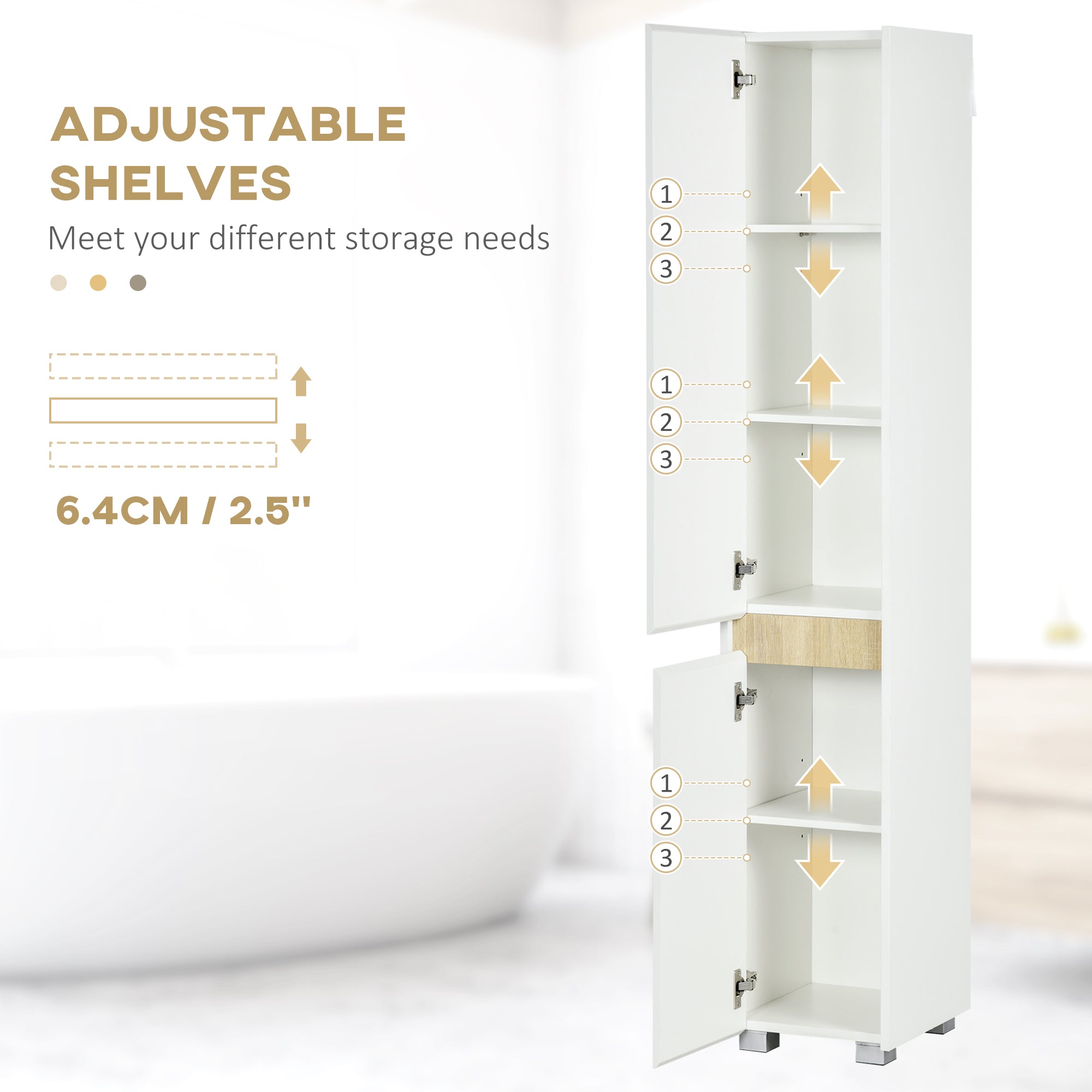 Kozy Tall Bathroom Cabinet with Adjustable Shelves, 5-Tier Modern Freestanding Tallboy with Storage Cabinets, White
