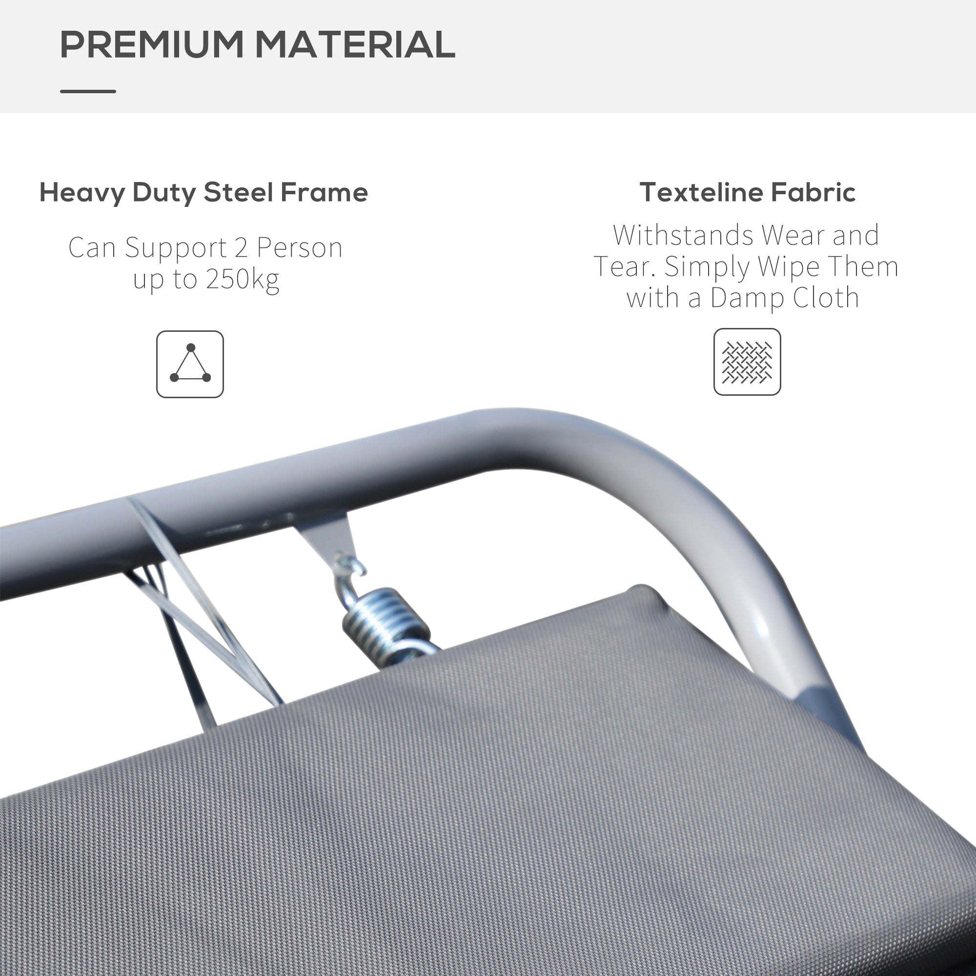 Kozy Rocking Sun Lounger, Double Garden Lounger Sunbed with Headrest Pillows, Texteline Outdoor Rocking Chair Swing Hammock Daybed with Metal Frame for Patio, Terrace, 212 x 175 x 60 cm, Grey