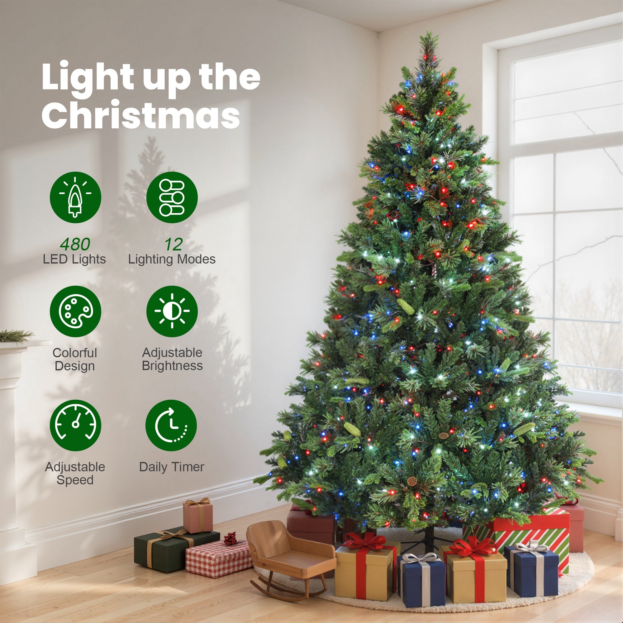 Kozy - 7.5ft Carolina Pine Christmas Tree with Colourful DIY Synchronized LED Lights and Remote