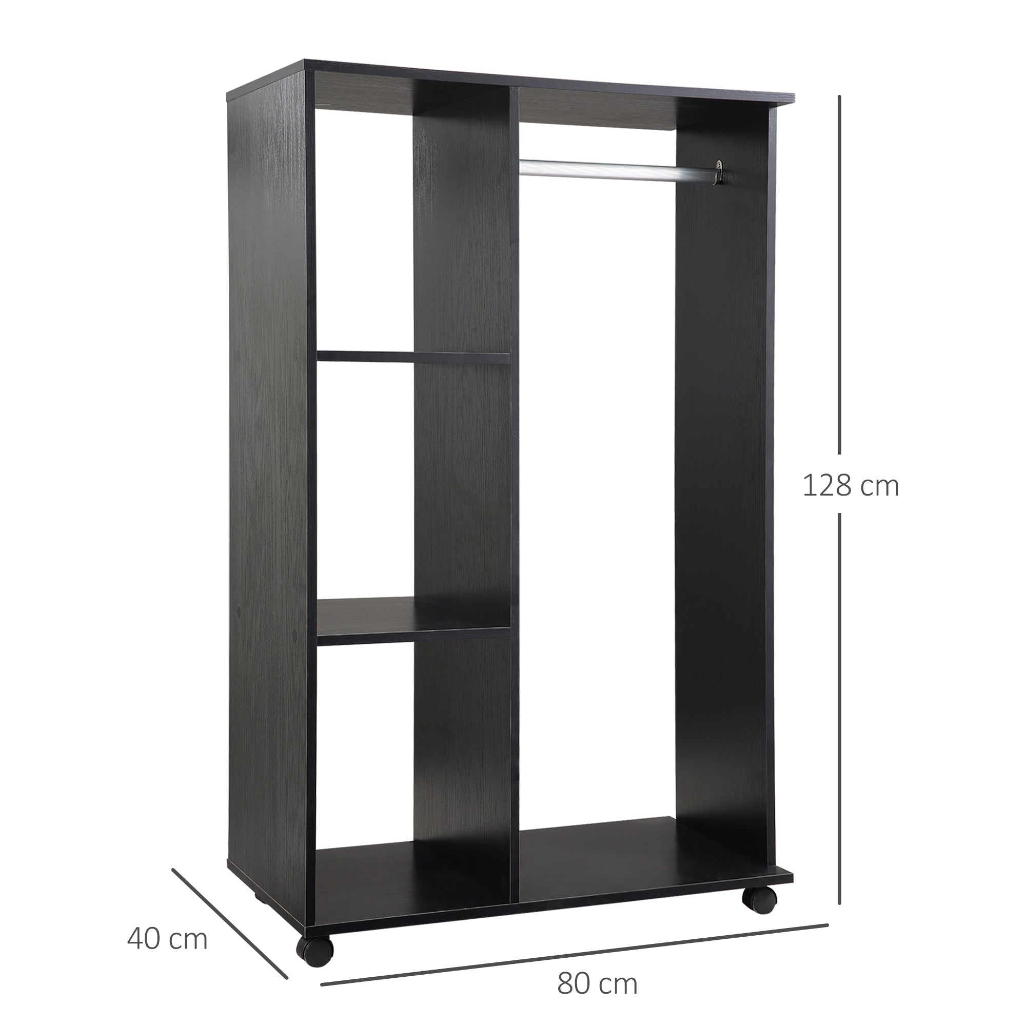 Kozy Open Wardrobe on Wheels, Bedroom Wardrobe with Clothes Hanging Rail, 3 Storage Shelves, Mobile Garment Rack for Cloakroom, Hallway, Black