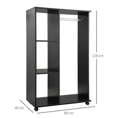 Kozy Open Wardrobe on Wheels, Bedroom Wardrobe with Clothes Hanging Rail, 3 Storage Shelves, Mobile Garment Rack for Cloakroom, Hallway, Black