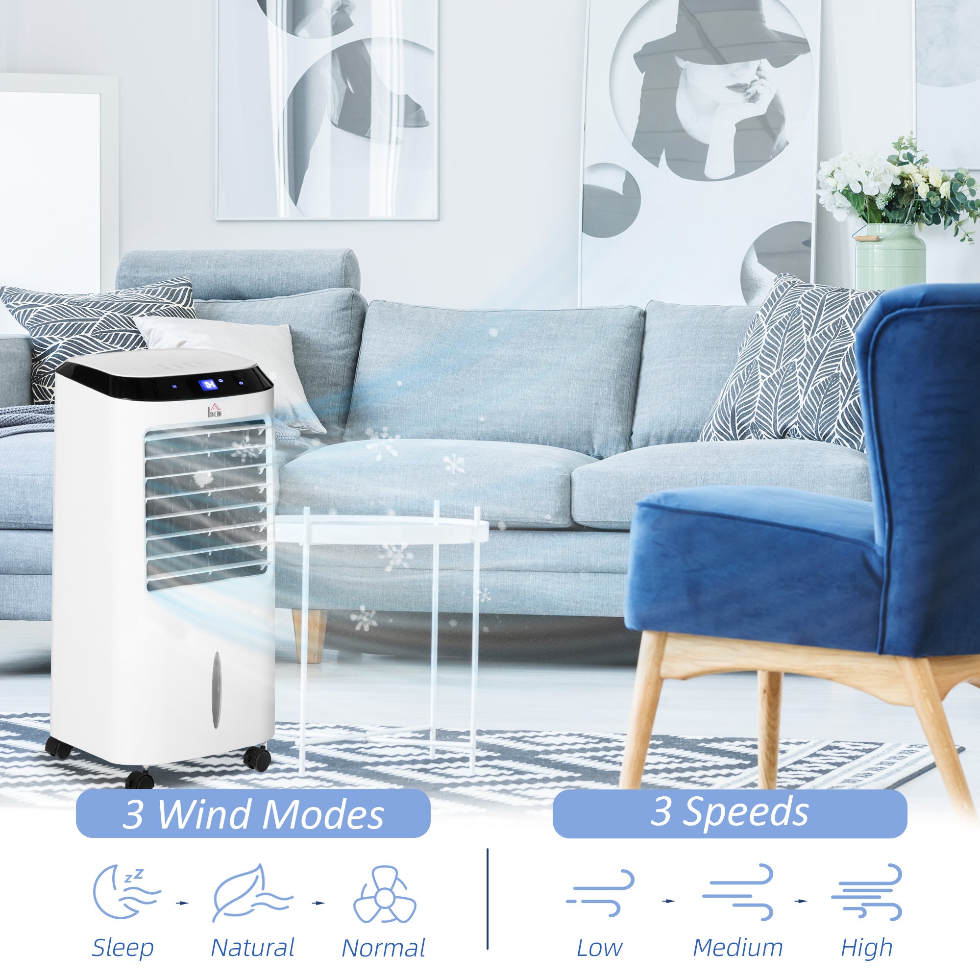 Kozy Portable Air Cooler, Evaporative Anion Ice Cooling Fan Water Conditioner Humidifier Unit with 10L Water Tank, 3 Modes, 3 Speed, Remote, Timer, Oscillating for Home Quiet Bedroom, White