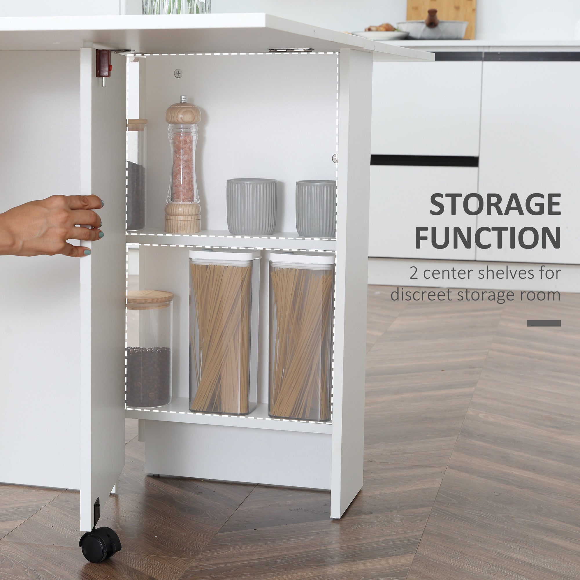 Kozy Folding Dining Table, Drop Leaf Table with 2-Tier Shelves, Rolling Casters, for Small Spaces, Kitchen, White