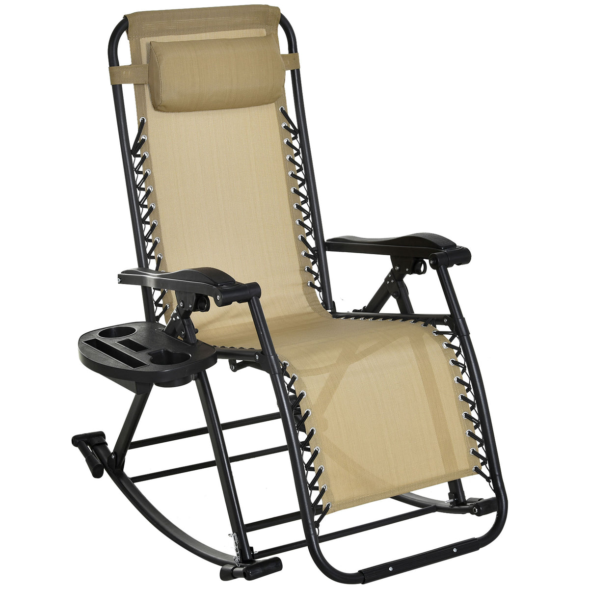 Kozy Garden Rocking Chair Folding Recliner Outdoor Adjustable Sun Lounger Rocker Zero-Gravity Seat with Headrest Side Holder Patio Deck - Beige