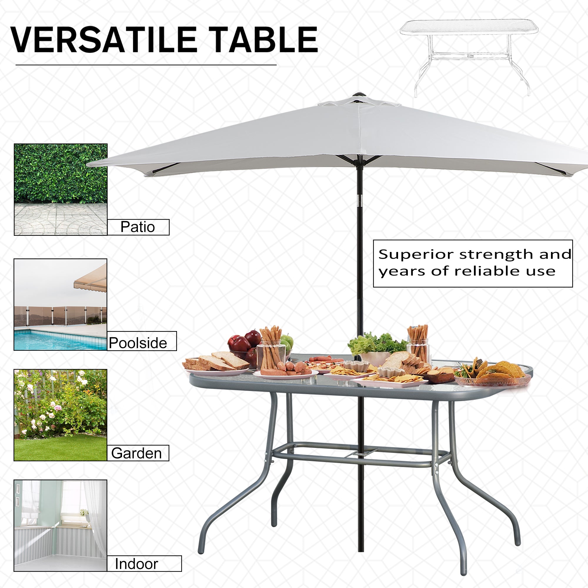Kozy Garden Dining Table Glass Top Metal Frame with Parasol Hole Outdoor Balcony Grey 120L x 80Wcm