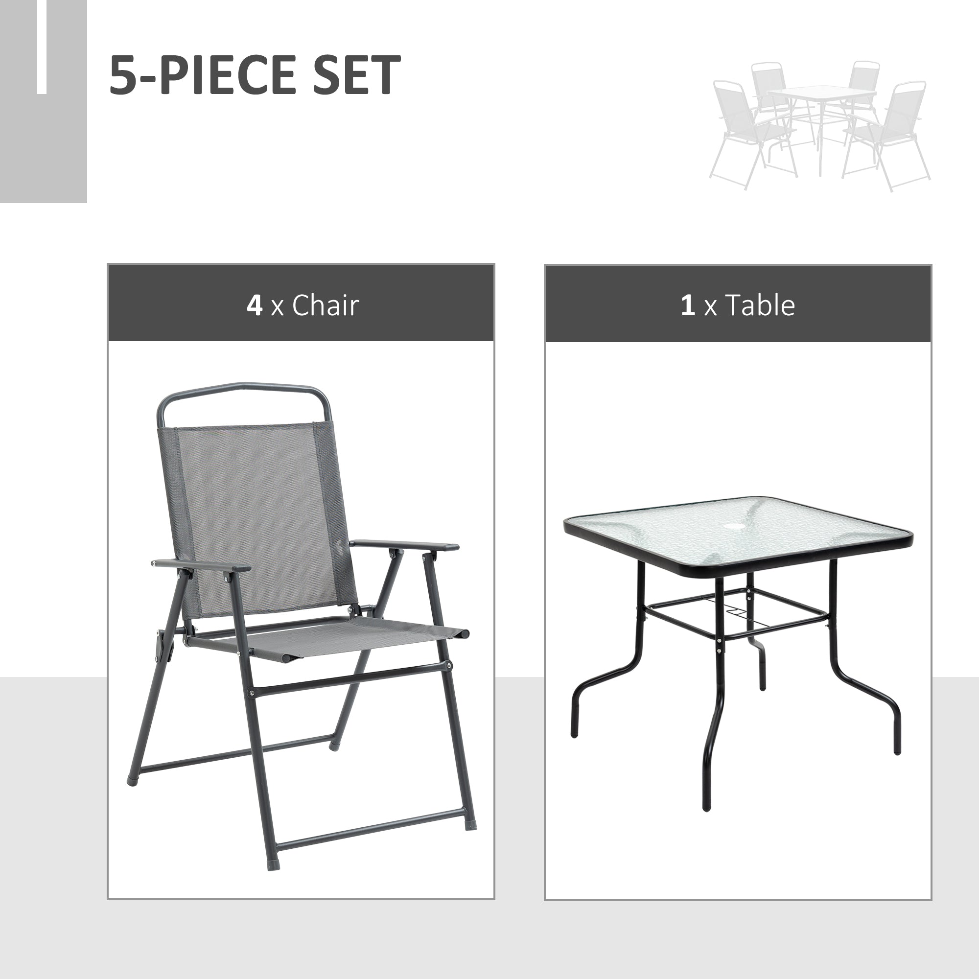 Kozy 5 Piece Garden Dining Set Outdoor Dining Furniture 4 Folding Chairs, Glass Top Table with Parasol Hole, Texteline Seats, Black