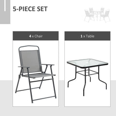 Kozy 5 Piece Garden Dining Set Outdoor Dining Furniture 4 Folding Chairs, Glass Top Table with Parasol Hole, Texteline Seats, Black