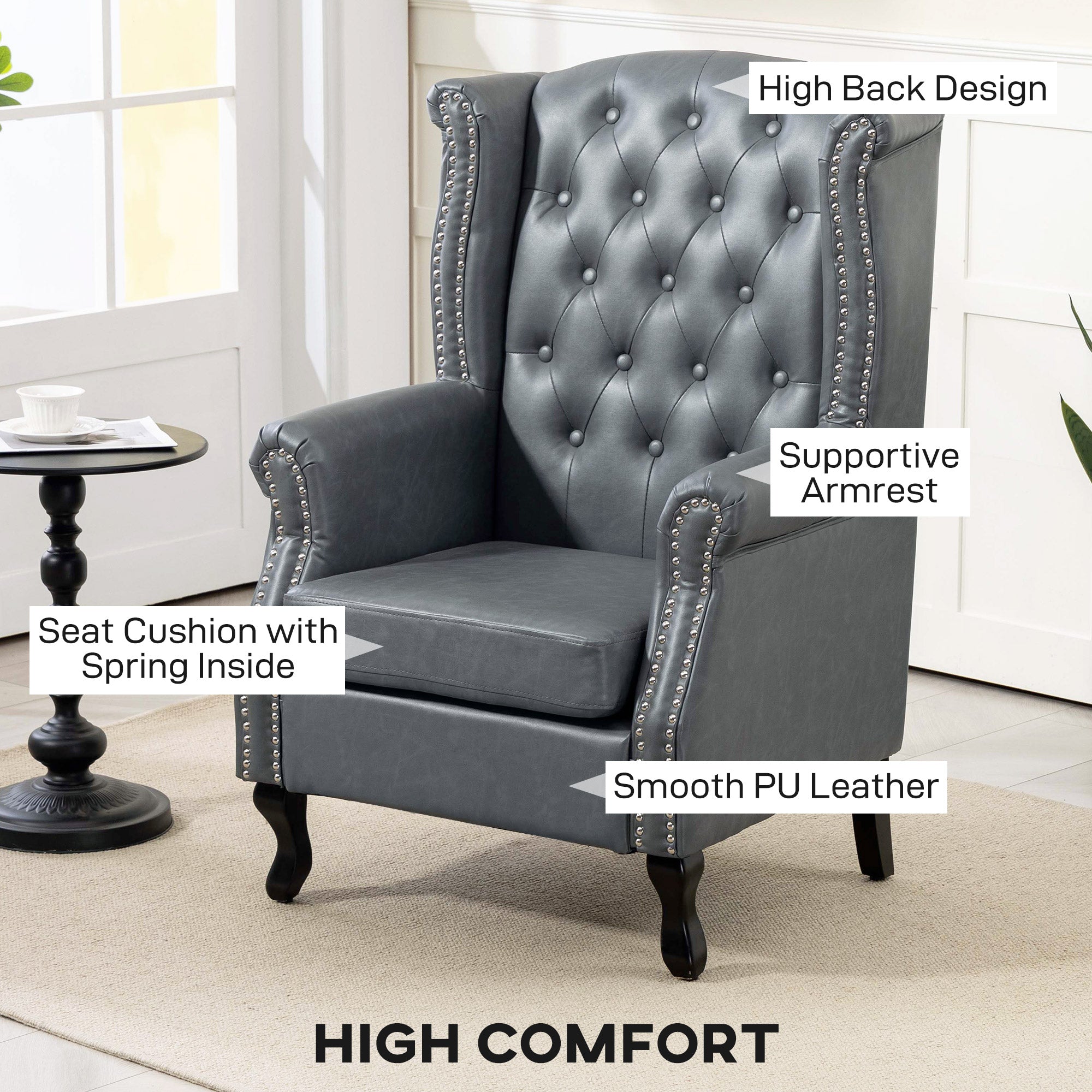 Kozy - Wingback Accent Chair Tufted Chesterfield-style Armchair with Nail Head Trim for Living Room Bedroom Grey