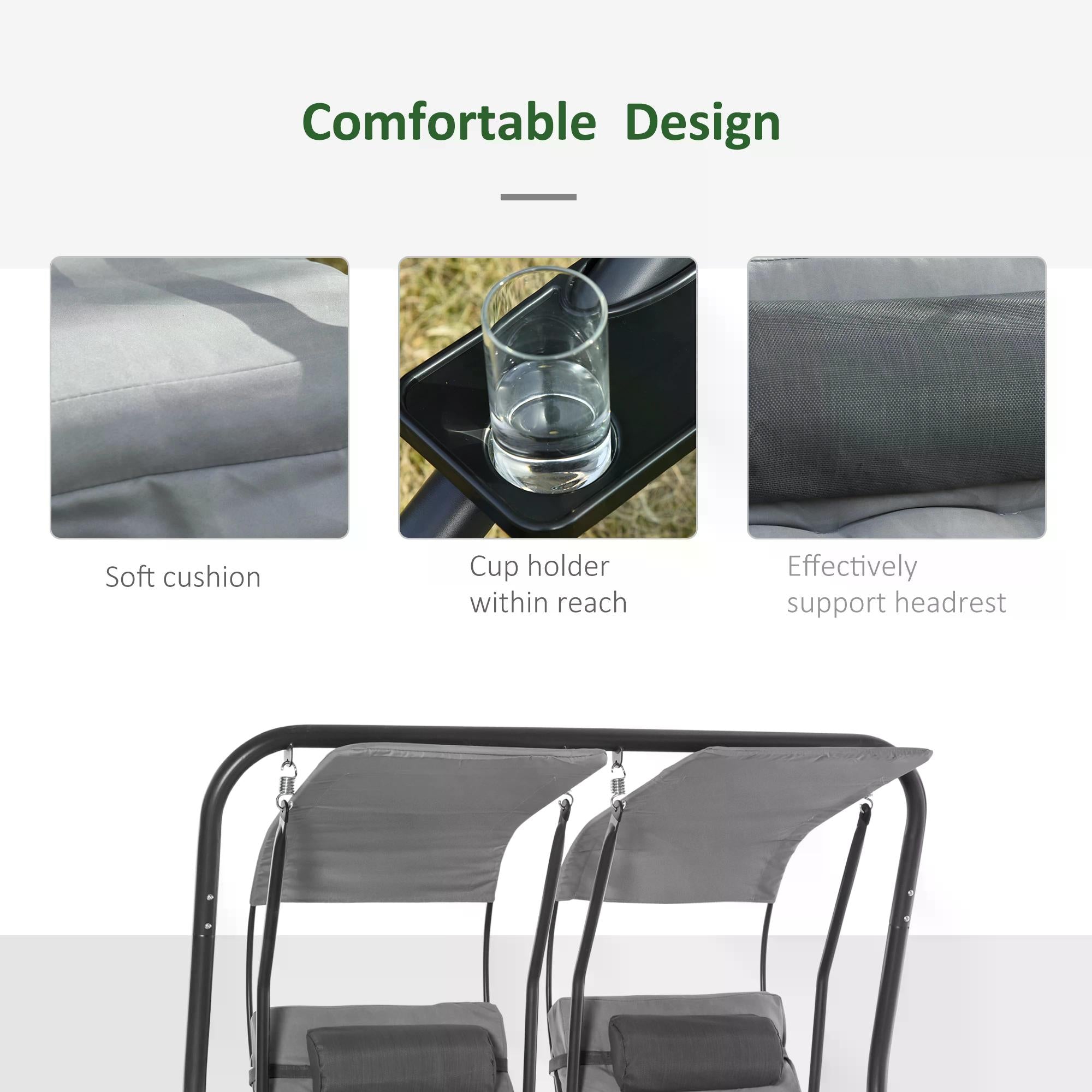 Kozy Canopy Swing 2 Separate Relax Chairs w/ Handrails and Removable Canopy Grey