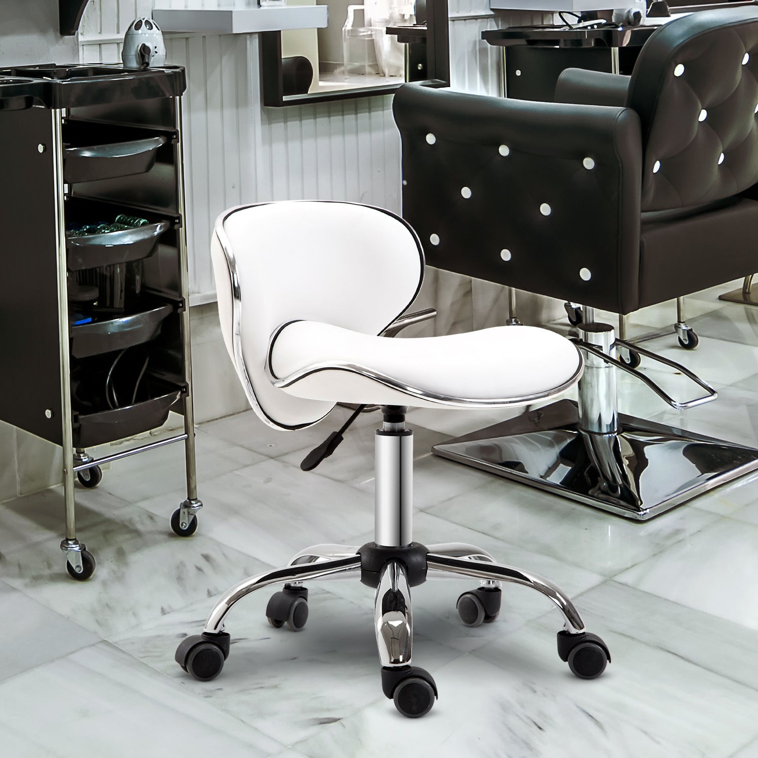 Kozy Adjustable Rolling Swivel Beauty Salon Chair, Stool for Spa, Technician - White