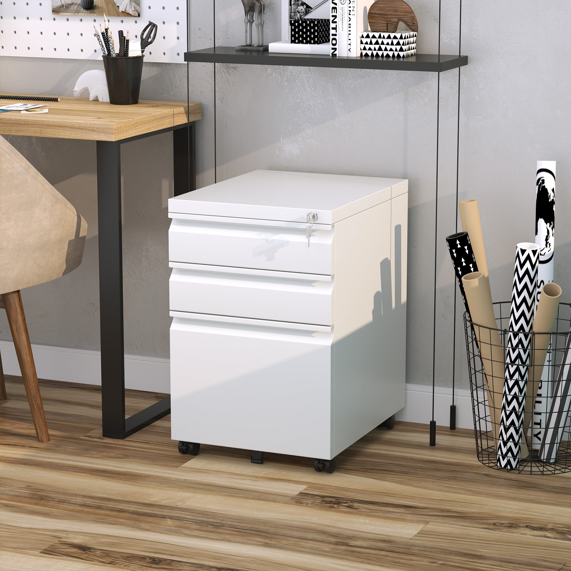 Kozy 3 Drawer Filling Cabinet, Mobile Metal File Cabinet with Anti-tilt Design for Letter, A4, Legal Size, White
