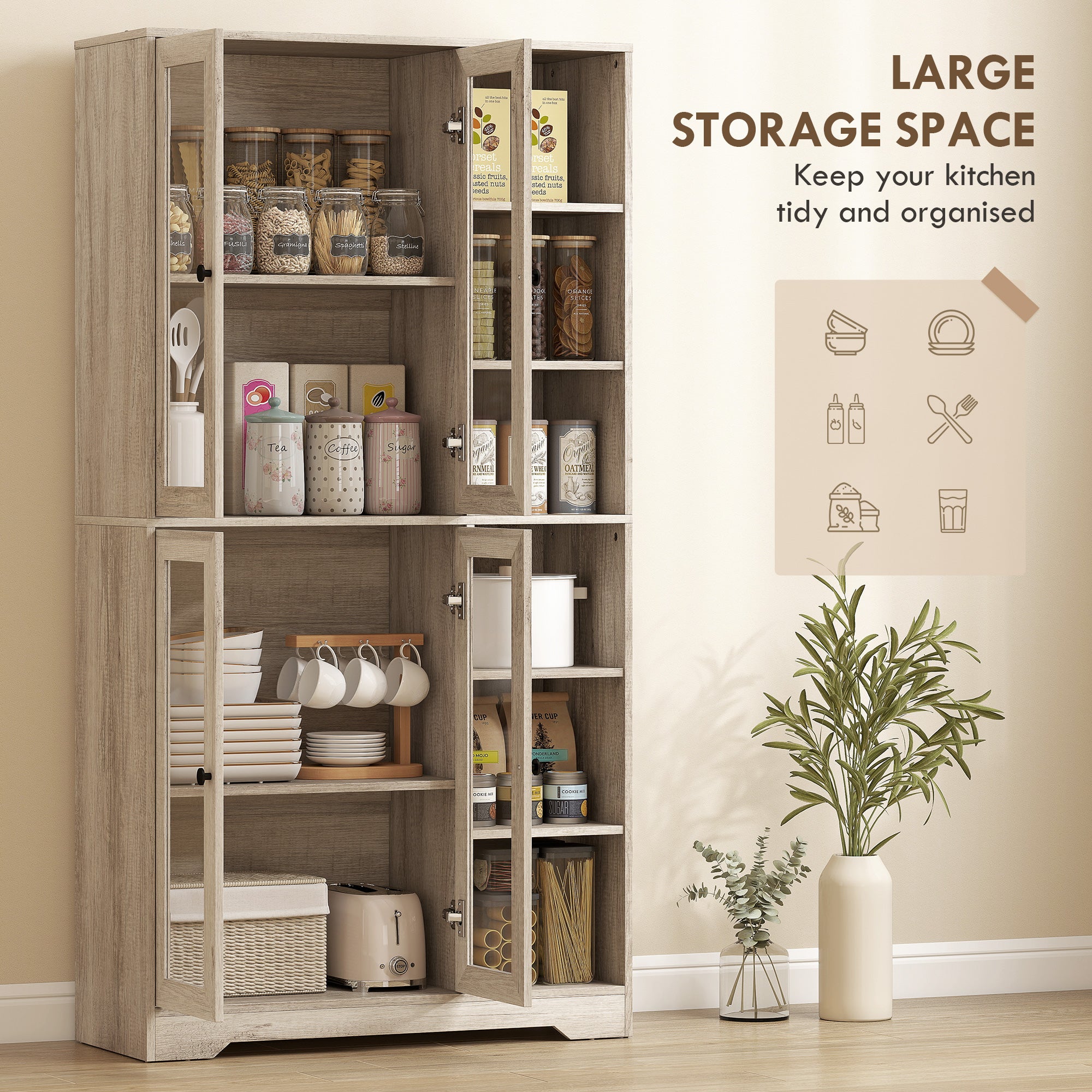 Kozy Multi-Storage Kitchen Cabinet, with Glass Doors - Grey Wood-Effect