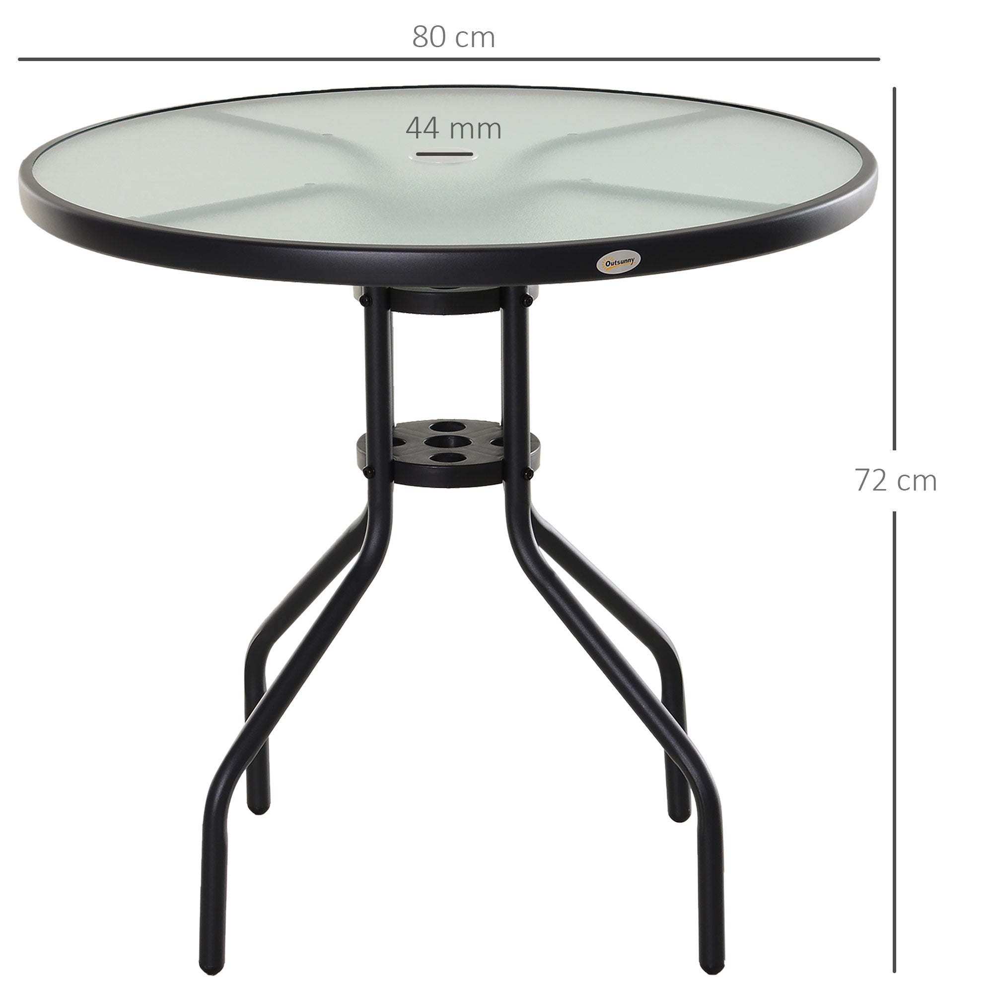 Kozy 80 cm Round Garden Dining Table with Parasol Hole for 4, Outdoor Coffee Bistro End Side Table with Tempered Glass Top and Steel Frame for Patio, Porch, Black