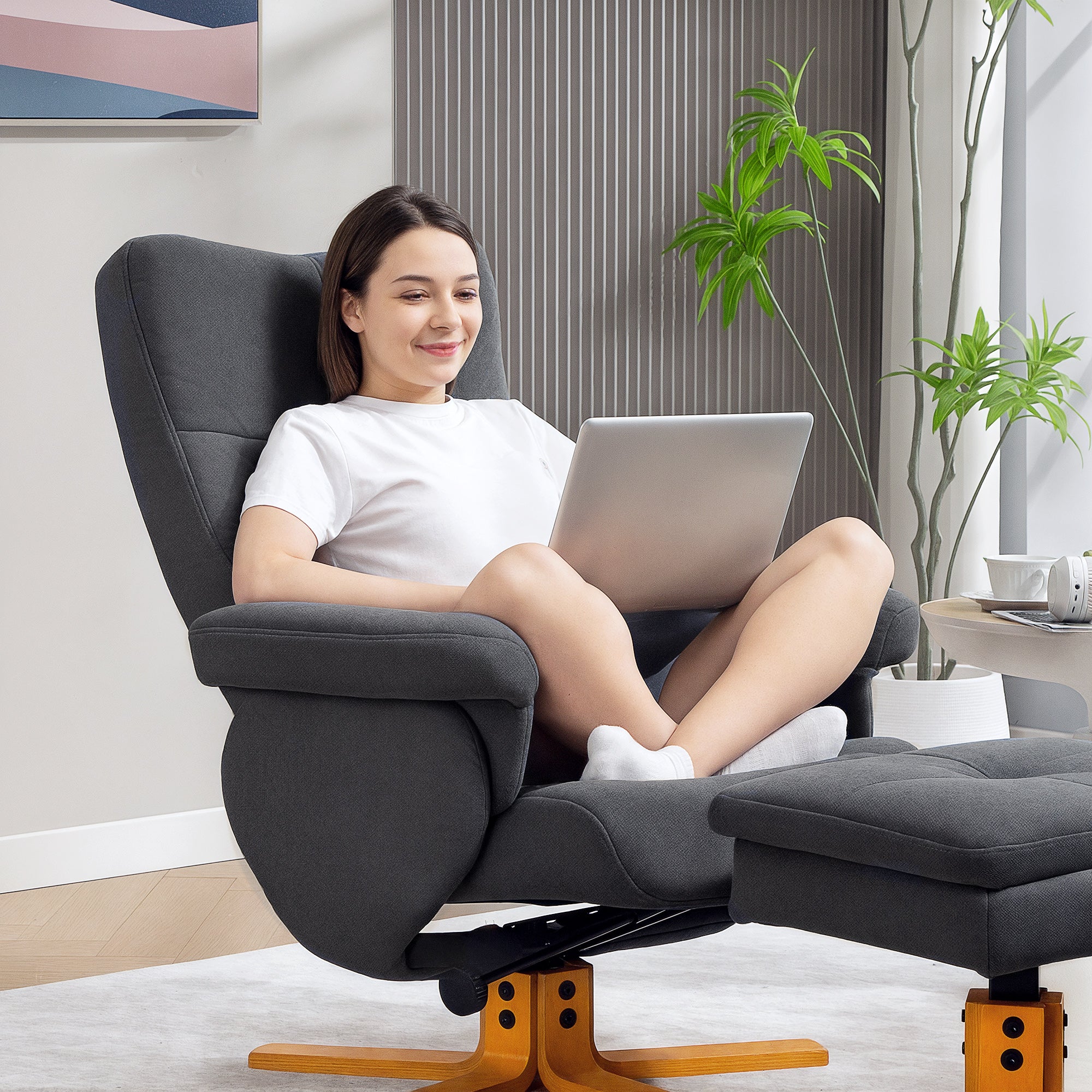 Kozy - Linen-Look Recliner, with Storage Ottoman - Grey