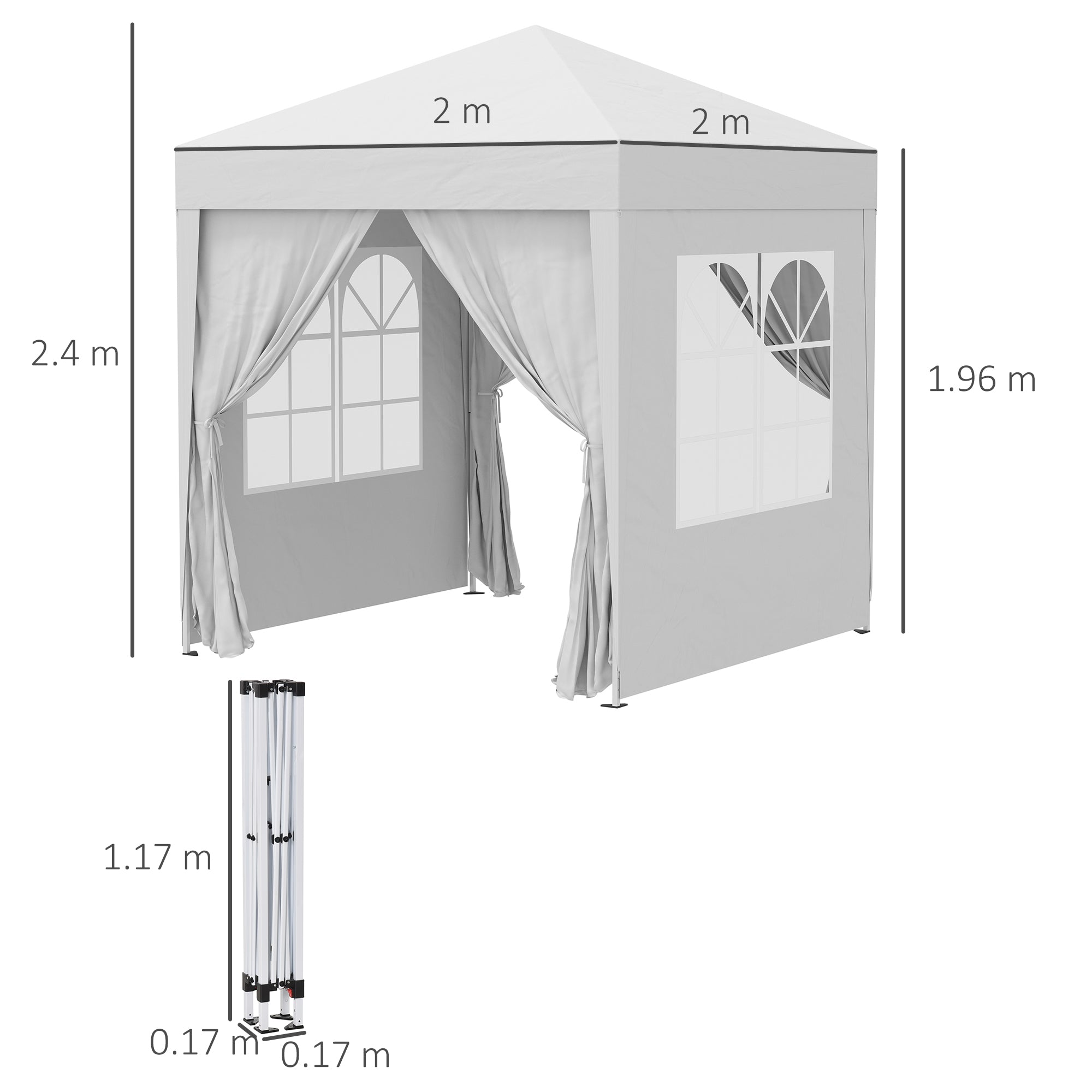 Outsunny 2 x2m Pop Up Gazebo Canopy Party Tent Wedding Awning W/ free Carrying Case White + Removable 2 Walls 2 Windows