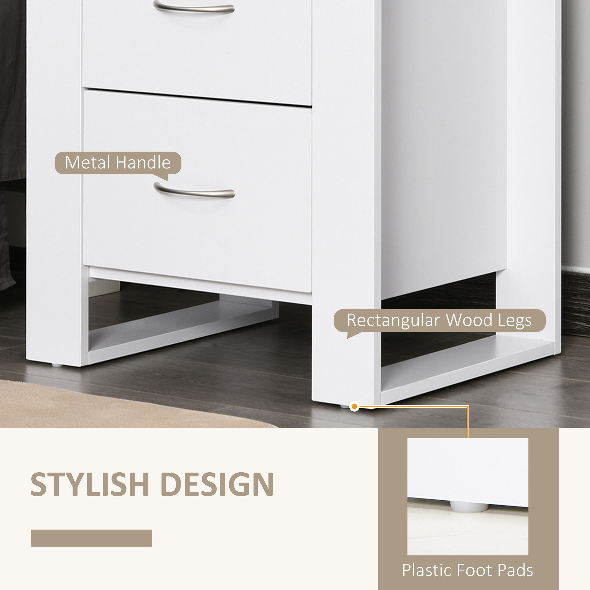 Kozy - Bedside Table Set of 2 with 2 Drawers, Nightstands with Handles and Elevated Base, Side Tables for Bedroom, Living Room, White