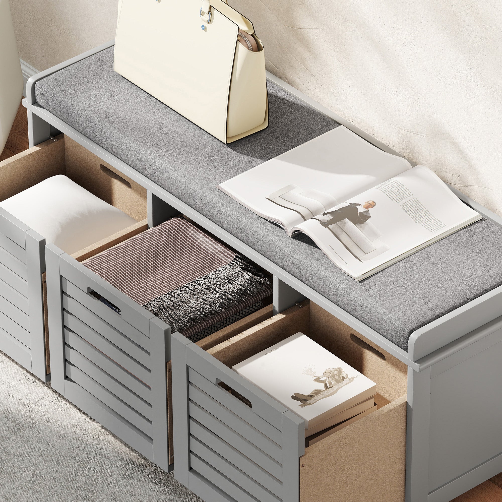 Kozy - 3-Drawer Shoe Storage Bench - Grey
