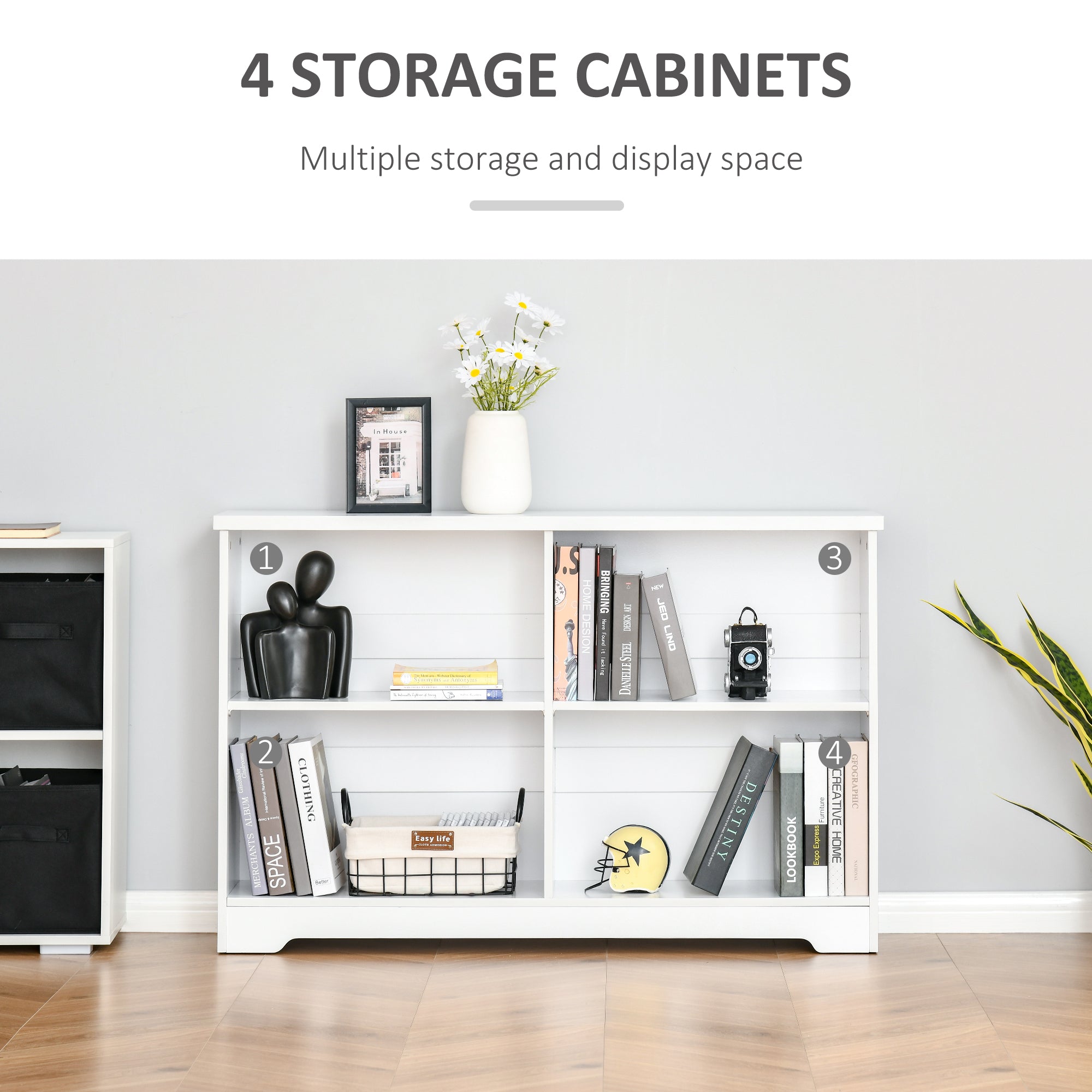 Kozy Wooden Cube Bookcase, 2 Tier Open Storage Shelving Unit with 4 Compartments, Freestanding Display Bookshelf for Home Office Living Room Furniture, 118 x 29 x 76cm, White