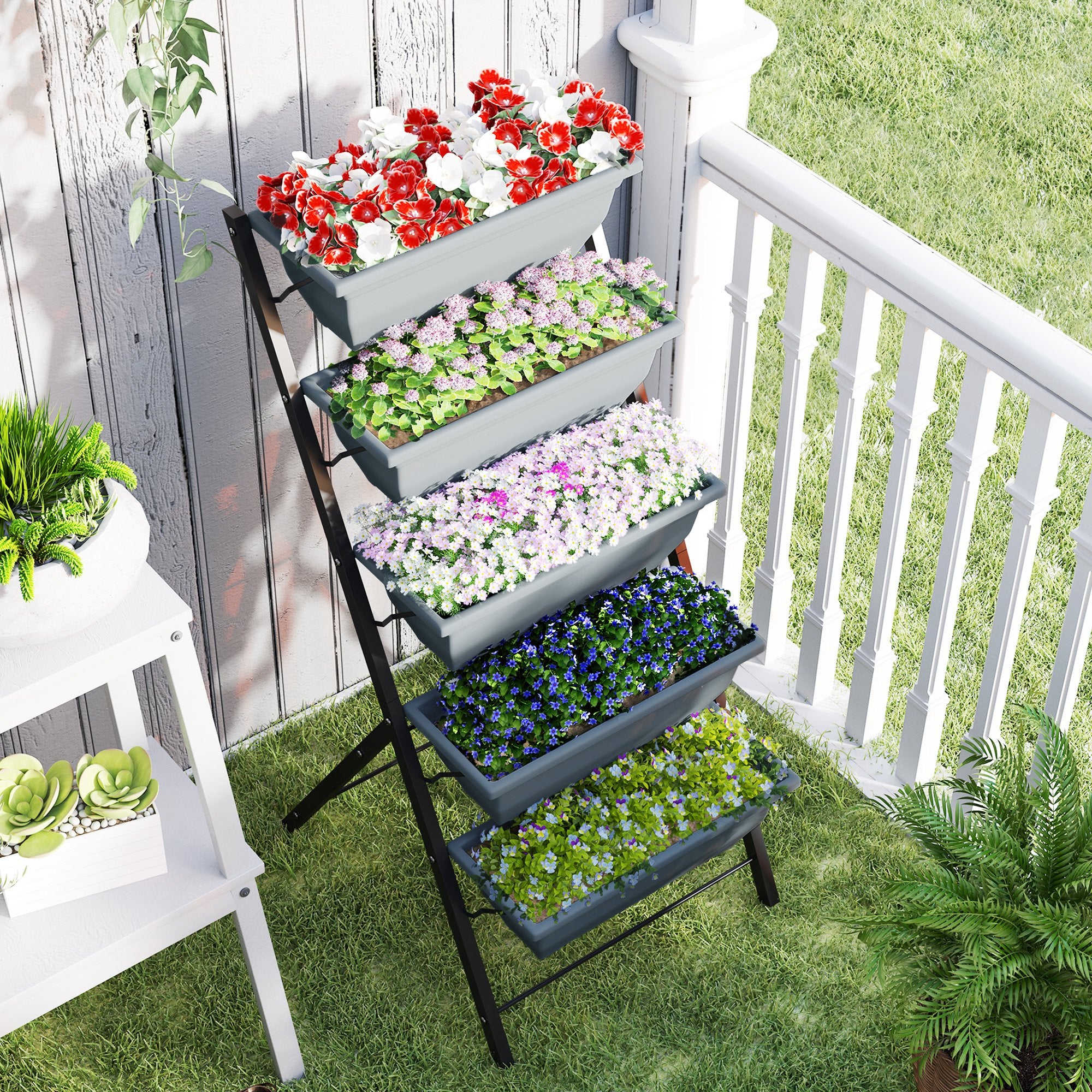 Kozy - 5-Tier Raised Garden Bed, Vertical Ladder Plant Stand with 5 Removable Boxes, Drainage Holes and Plugs, Indoor Outdoor Elevated Flower Herb Growing Box for Garden Patio Balcony, Grey
