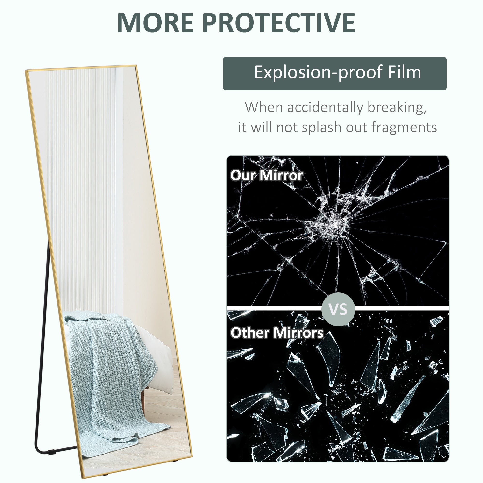 HOMCOM Full-Length Dressing Mirror, Wall-Mounted or Freestanding, Rectangle with Gold Frame, 160 x 50 cm for Bedrooms and Living Rooms, Gold