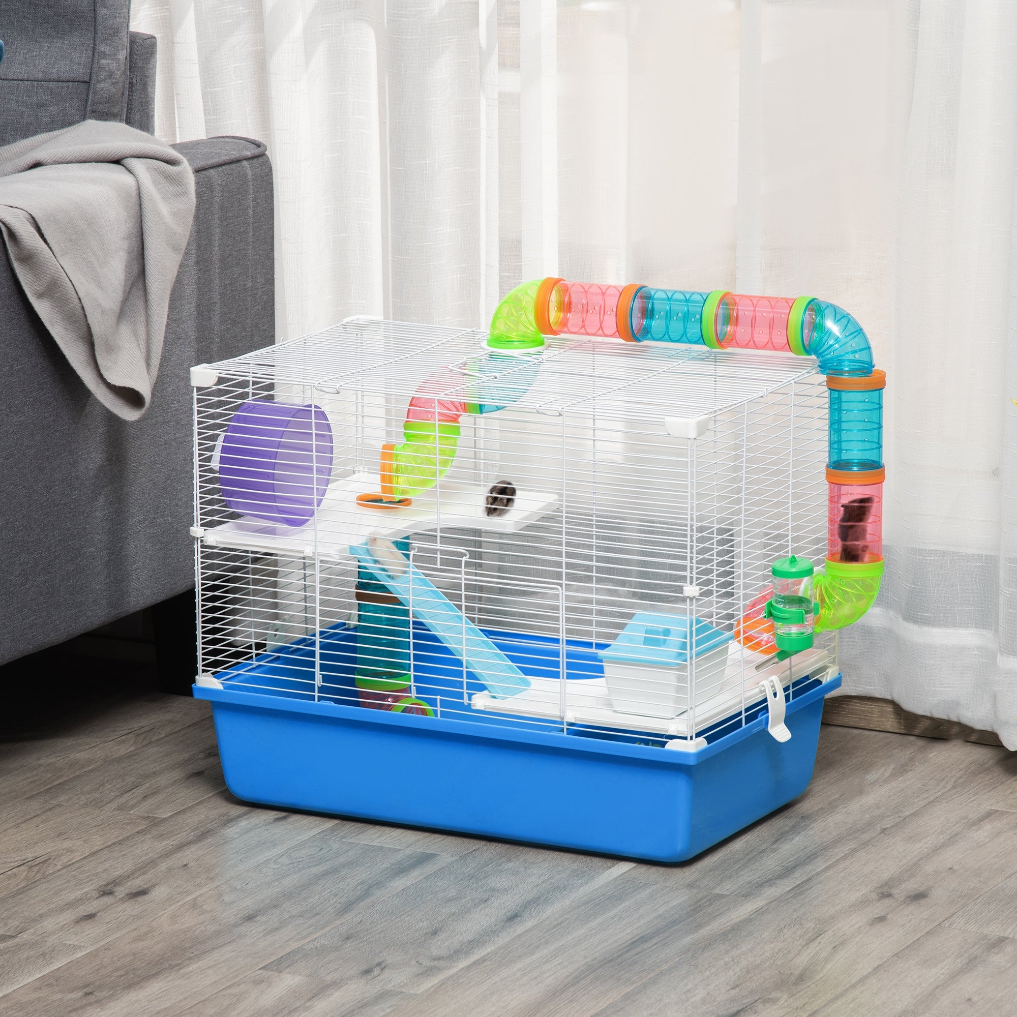 PawHut Large Hamster Cage, 3-Level Small Rodents House, w/ Tube Tunnel, Exercise Wheel, Food Dish, Ramps, Hut, 59 x 36 x 47 cm, Blue | Aosom UK