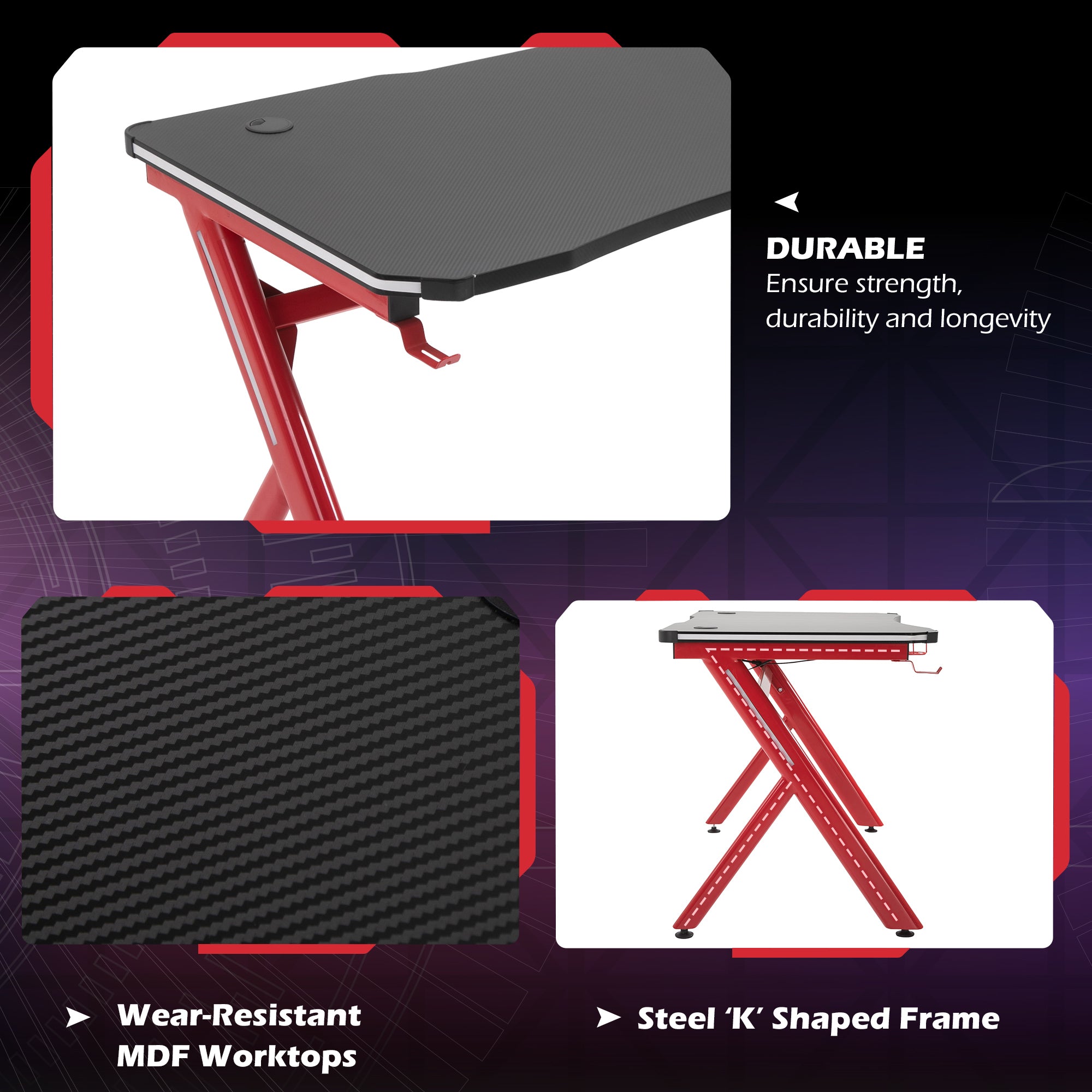 HOMCOM Gaming Desk Computer Table Metal Frame with LED Light, Cup Holder, Headphone Hook, Cable Hole, Red