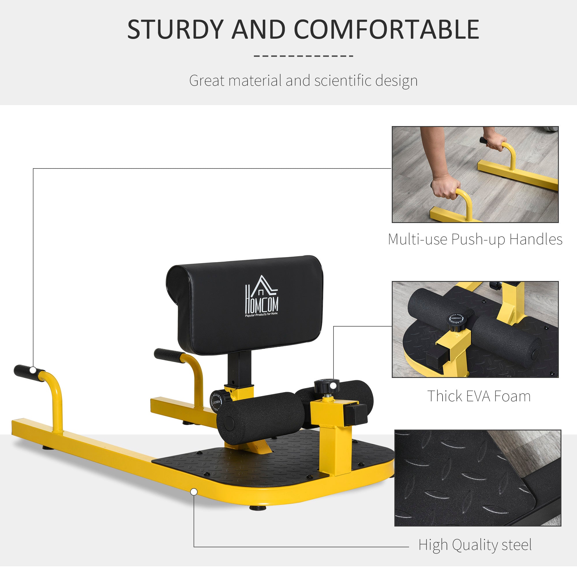 Kozy Squat Machine with Push Up Stand, Padded Hip Thrust Bench with Adjustable Cushion for Home Gym Work Out, Yellow