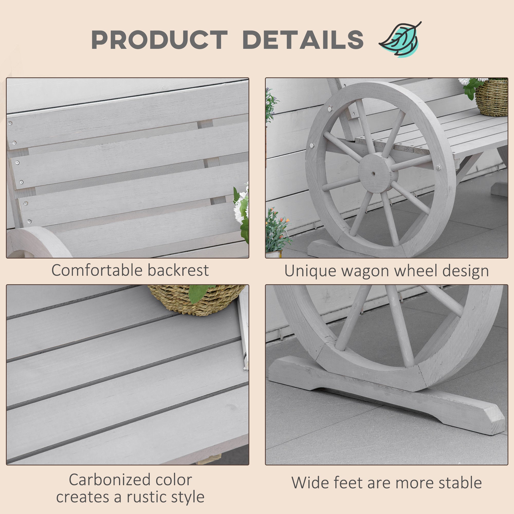 Kozy Wooden Cart Wagon Wheel 2 Seater Garden Bench Outdoor Garden Armrest Chair Rustic High Back Loveseat Grey