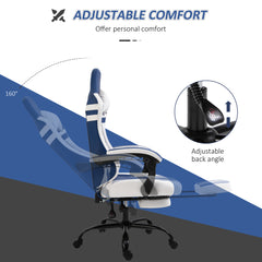 Vinsetto PU Leather Gaming Chair w/ Headrest, Footrest, Wheels, Adjustable Height, Racing Gamer Recliner, Blue White