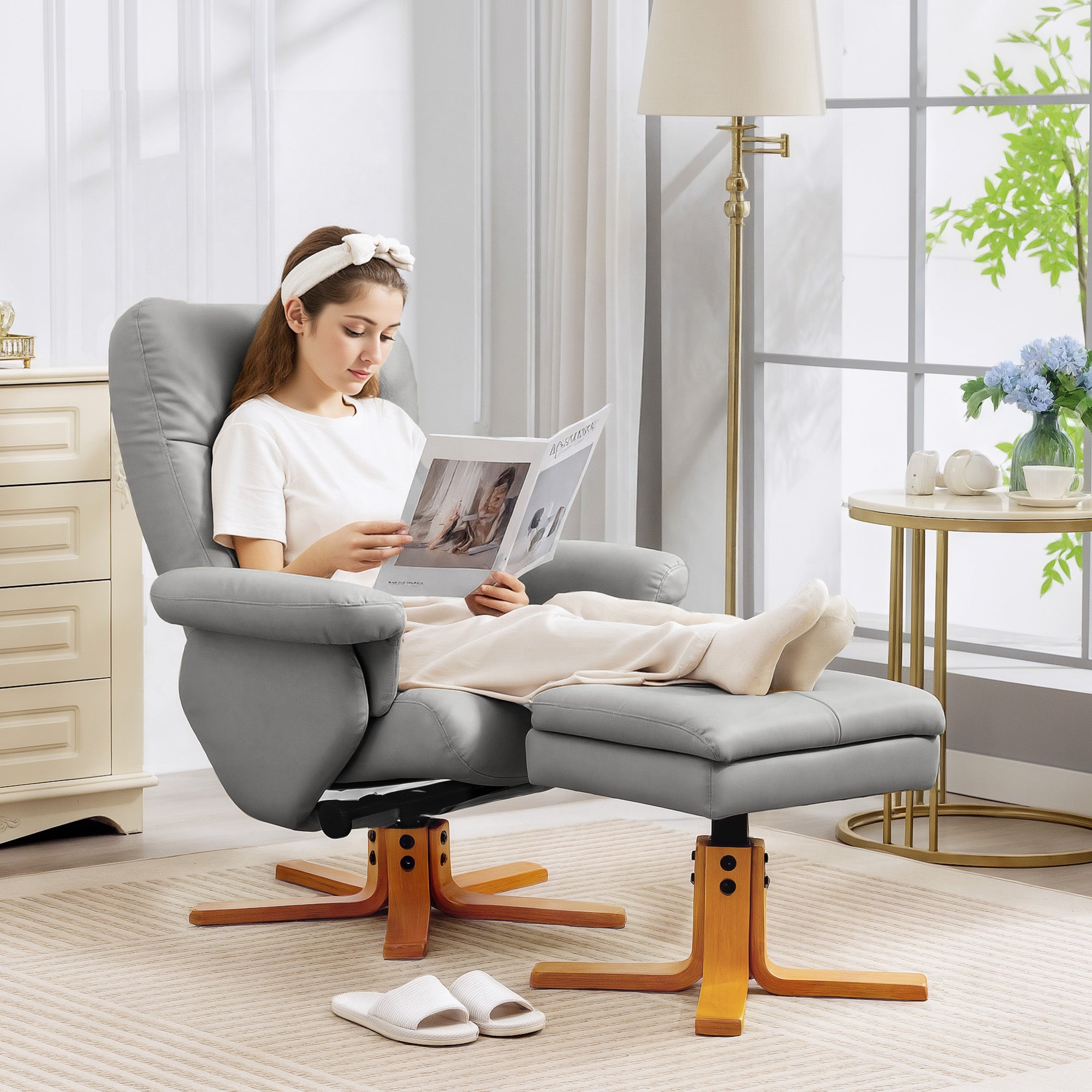 Kozy - PU Leather Swivel Recliner Chair with Footstool, Wooden Base and Storage for Living Room, Light Grey