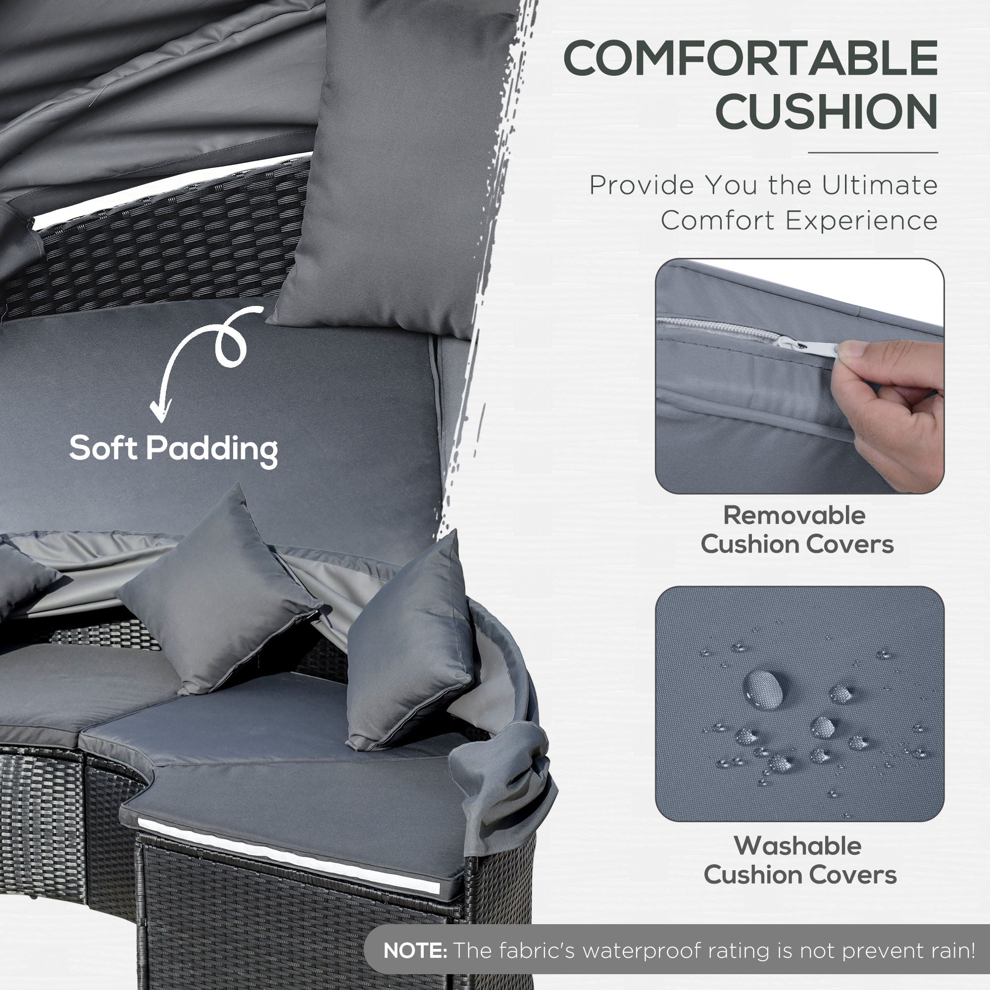 Kozy 4 Pieces PE Rattan Garden Daybed Set, Outdoor Wicker Cushioned Round Sofa Bed Conversation Furniture with Coffee Table & Canopy, Black