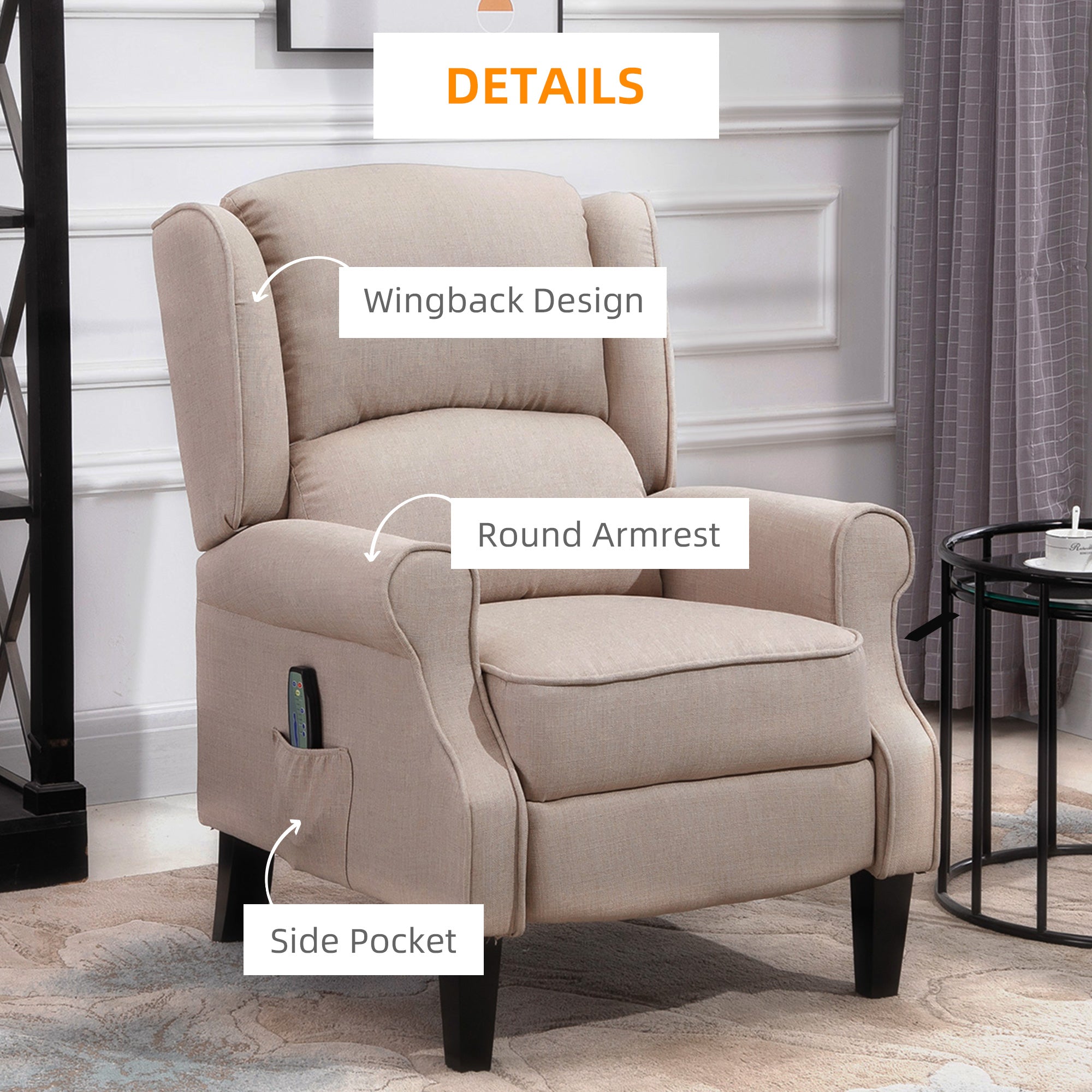 Kozy Heated Massage Reclining Armchair Thick Sponge Padded Linen Upholstery Metal Wood Frame Home Luxury Relaxation Beige
