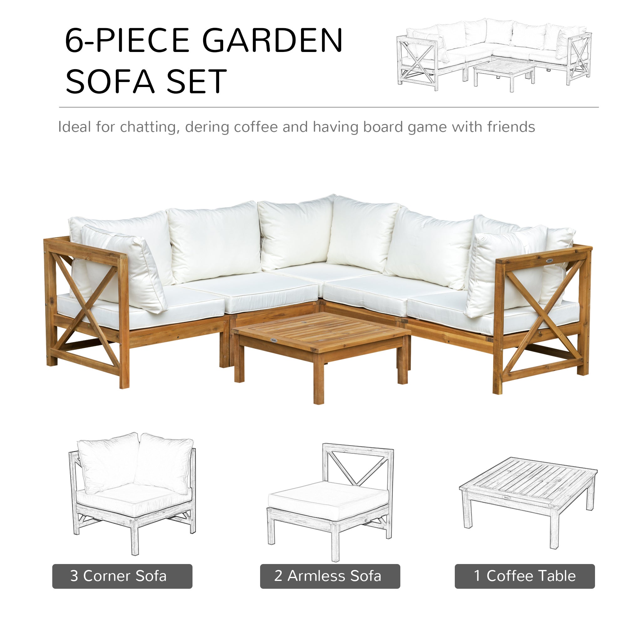 Kozy 6 PCS Elegant Wood Frame Outdoor Patio Dining Set w/ Cushions Coffee Table Garden Furniture Sofa Comfort Balcony Patio Cream White