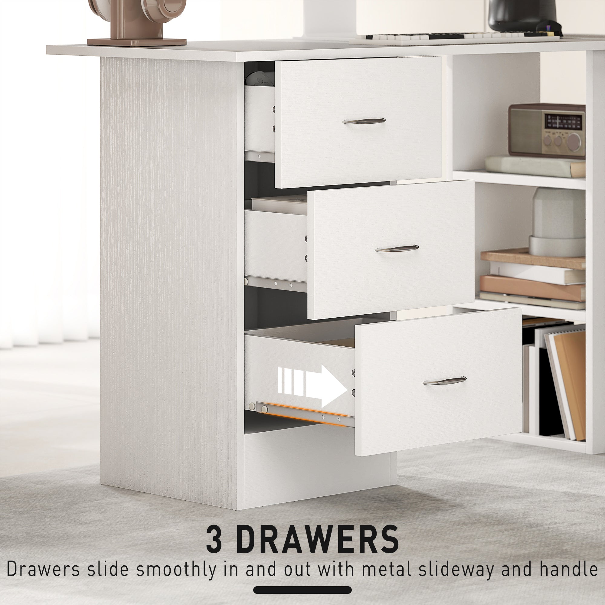 Kozy - Computer Desk, Writing Table, PC Workstation with 3 Storage Shelves and Drawers, Silver Handle, for Home Office, White