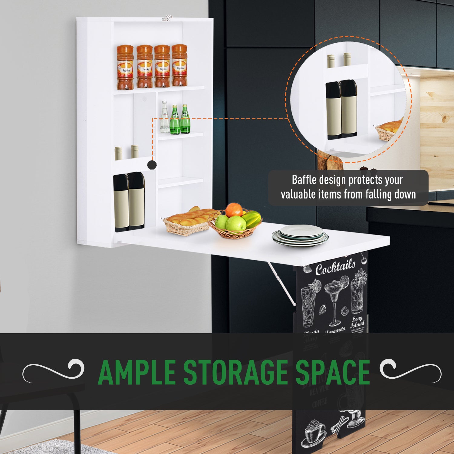 Kozy Folding Wall-Mounted Drop-Leaf Table, Convertible Wall Table With Chalkboard and Storage Shelf, Multifunctional Floating Desk for Home Office, White