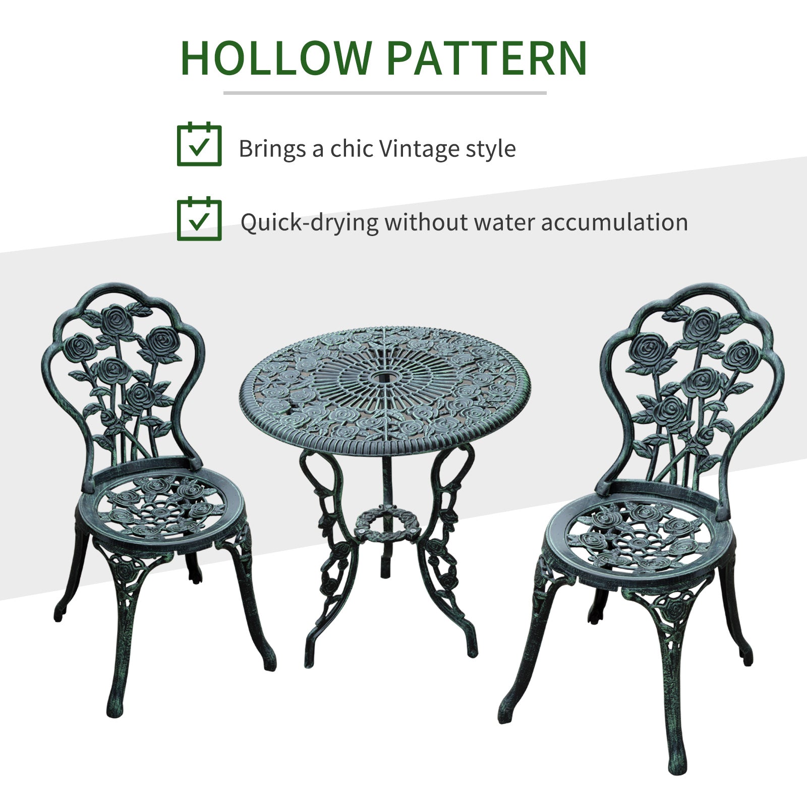 Kozy Cast Aluminium Outdoor Patio Garden Bistro Elegant Design Table Chair Set - Green (3-Piece)