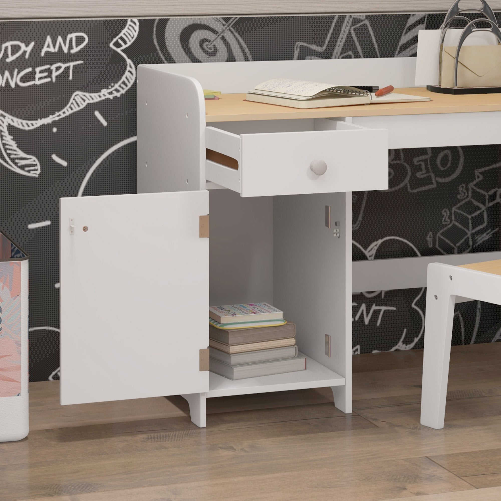 ZONEKIZ Kids Desk and Chair Set for 3-6 Year Old with Storage Drawer, Study Table and Chair for Children, White | Aosom UK