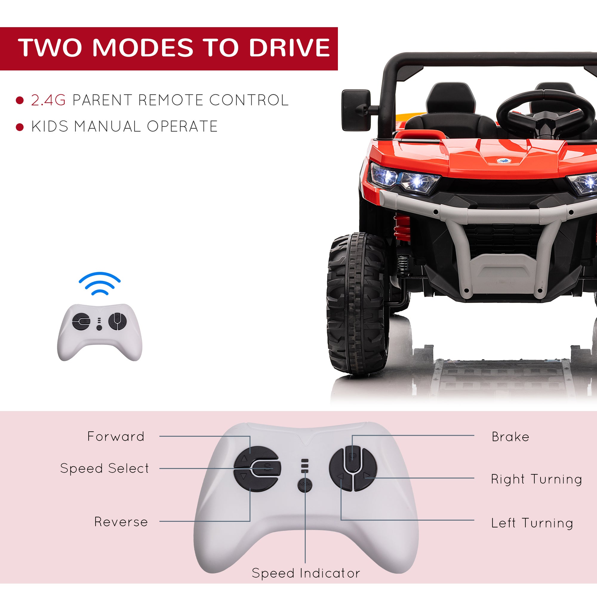 HOMCOM 12V Two-Seater Kids Electric Ride-On Car, with Electric Bucket, Remote Control - Red | Aosom UK