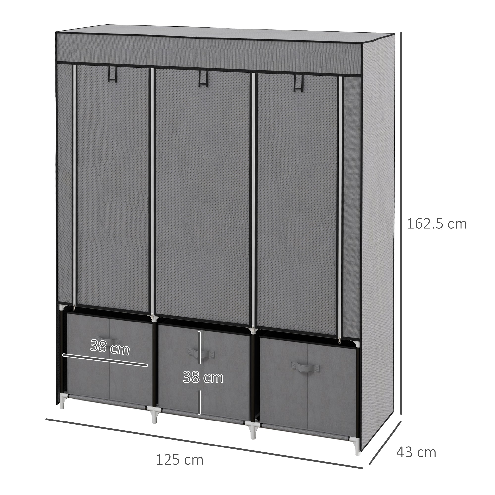 Kozy Fabric Wardrobe for Bedroom, Portable Wardrobe with 5 Shelves, 2 Hanging Rails and 3 Fabric Drawers, Foldable Closet, 125 x 43 x 162.5cm, Dark Grey