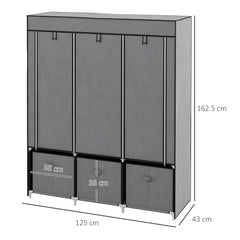 Kozy Fabric Wardrobe for Bedroom, Portable Wardrobe with 5 Shelves, 2 Hanging Rails and 3 Fabric Drawers, Foldable Closet, 125 x 43 x 162.5cm, Dark Grey