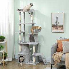 Kozy 170 cm Large Cat Tree, Cat Tower with 7 Scratching Posts, Tunnel, 2 Condos, Hammock, Perch, Ramp, Pompoms, Light Grey