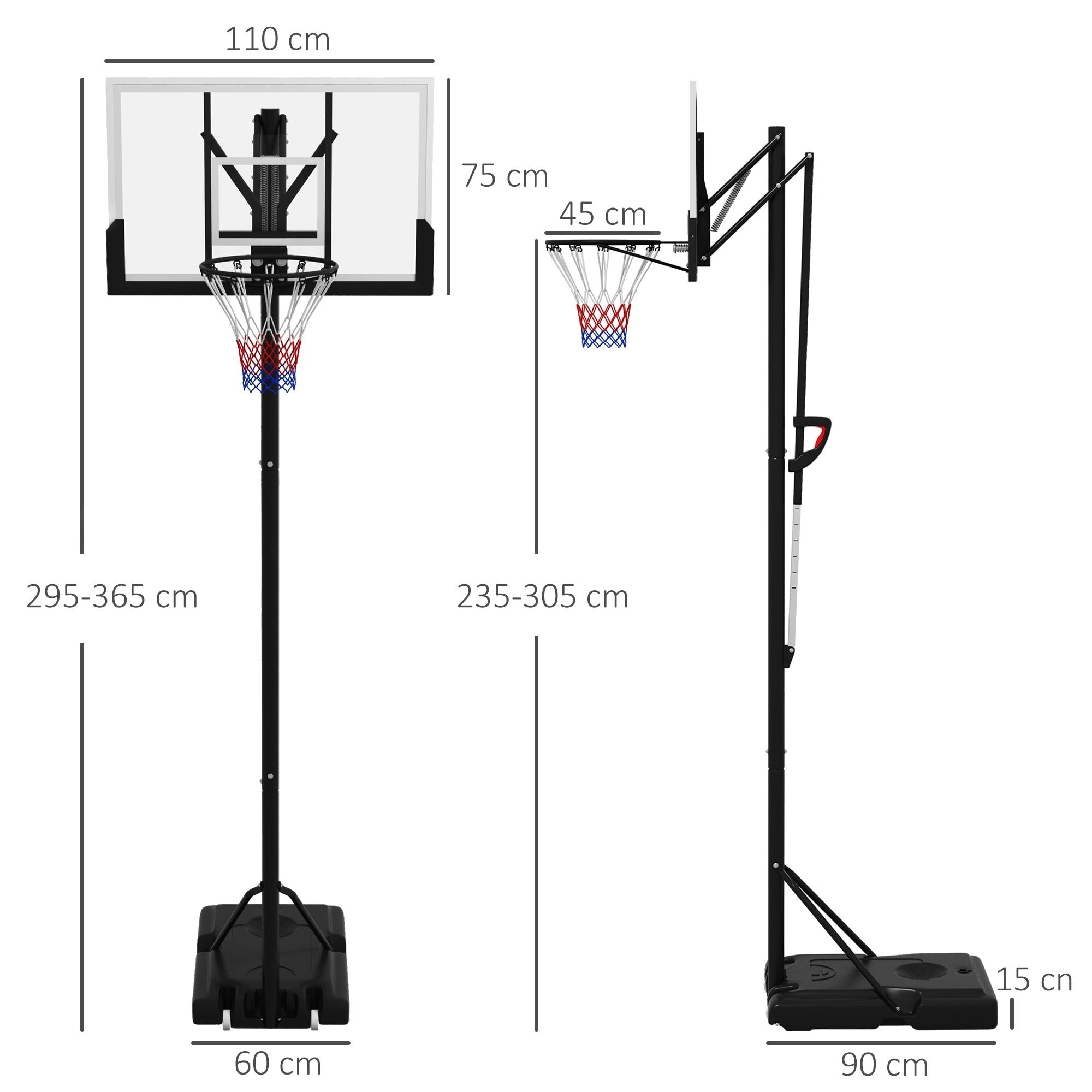 SPORTNOW 6 Level Height Adjustable Freestanding Basketball Hoop and Stand with Wheels, 2.35M-3.05M | Aosom UK