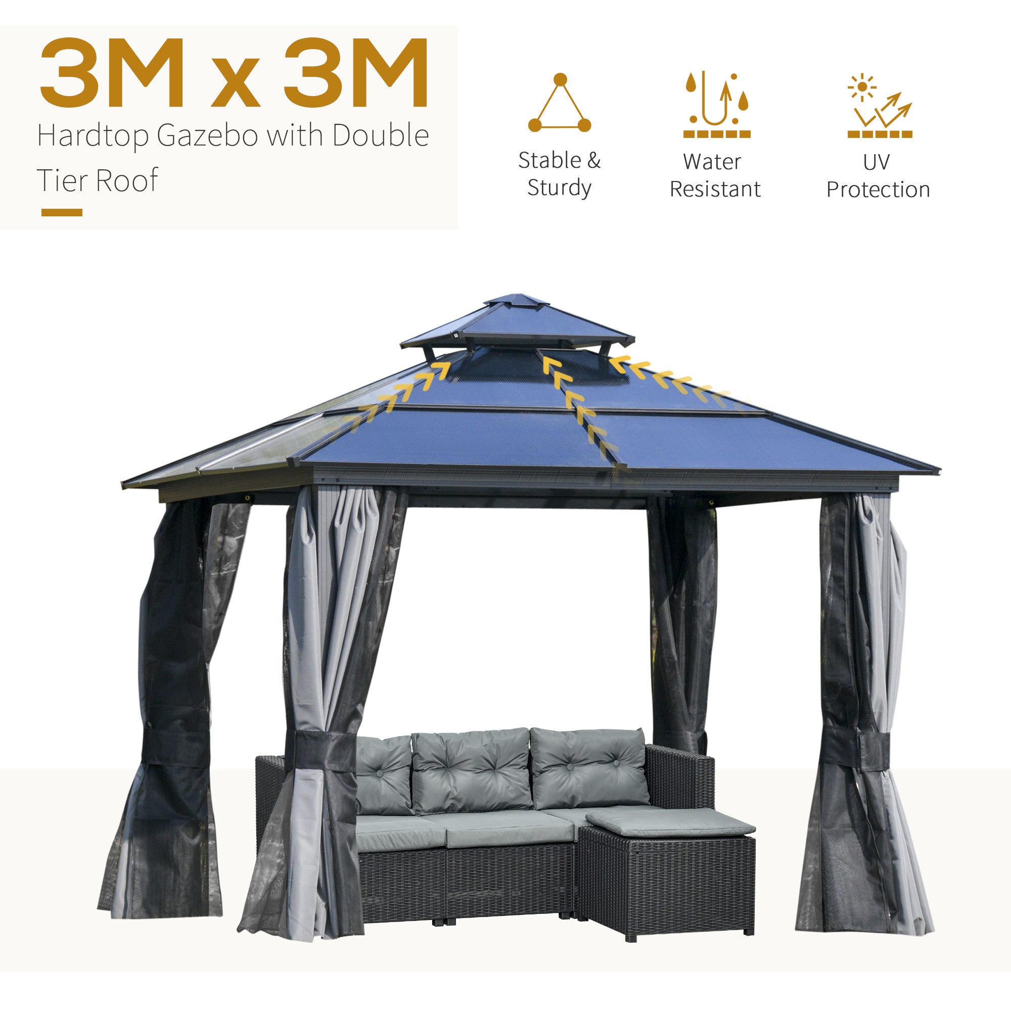 Outsunny 3 x 3(m) Polycarbonate Hardtop Gazebo Canopy with Double