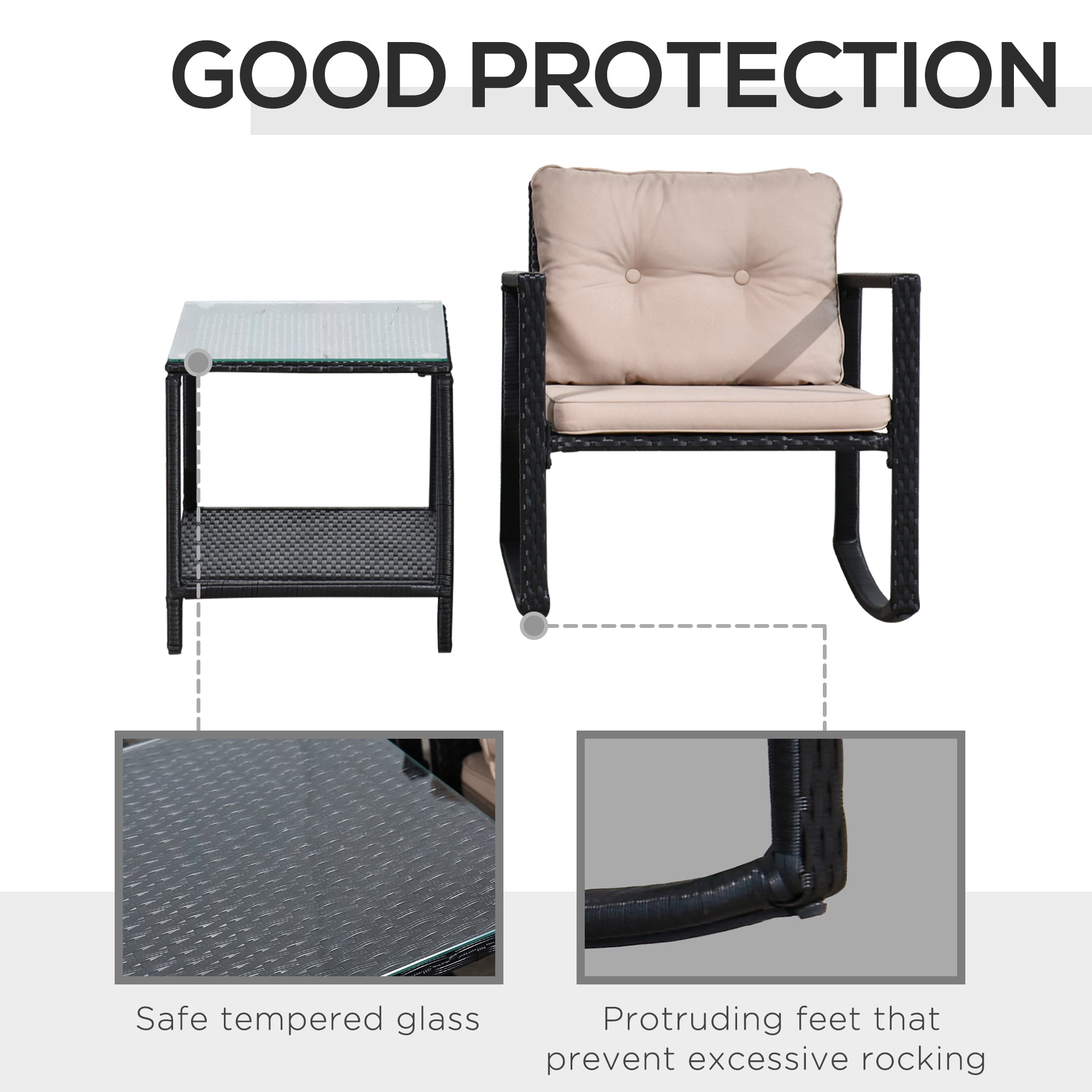 Kozy 3 Pieces Rattan Garden Rocking Chair Set, Outdoor Rocking Bistro Set w/ 2 Cushioned Armchair and Glass Top Two-tier Coffee Table, Black