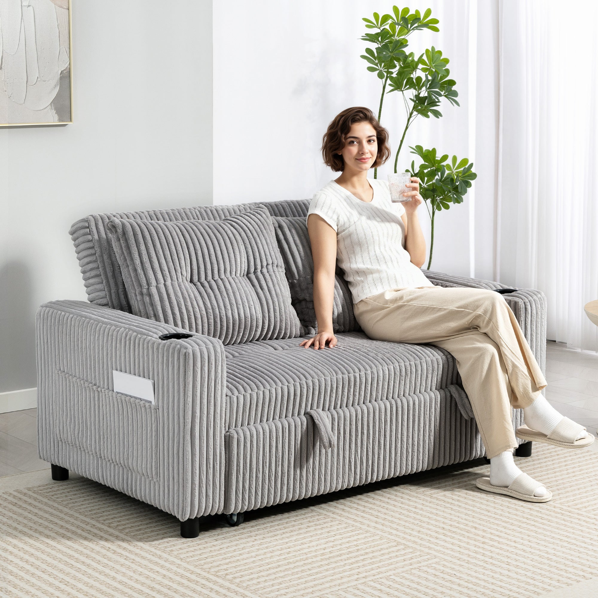 Kozy 2 Seater Click Clack Sofa Bed with Pull Out Design, Corduroy Upholstery - Light Grey