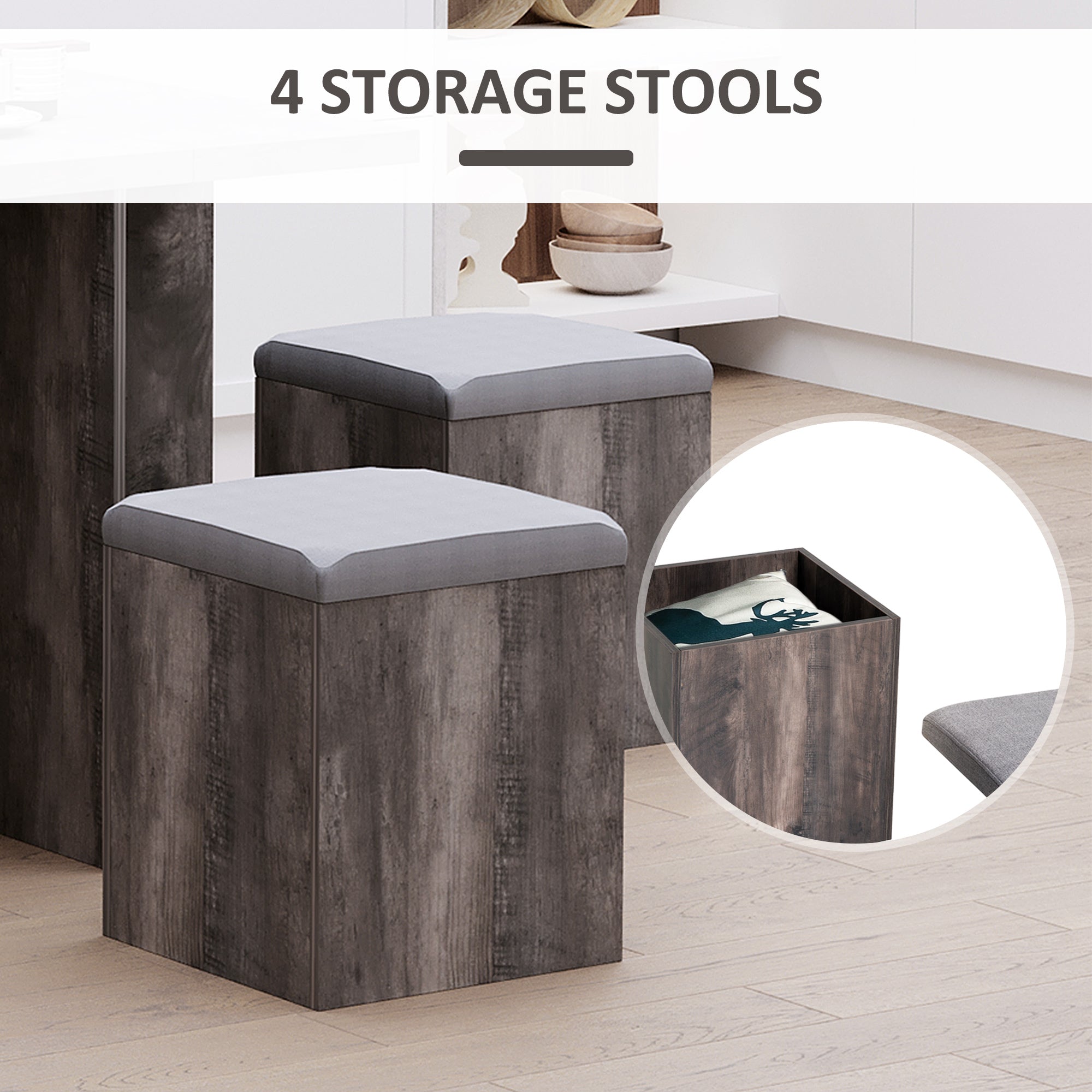 Kozy 5PC Dining Set Garden Patio Wooden Set 4 Storage Stools Footrest Ottoman with Cushions + 1 Table Space Saving Design Indoor Outdoor