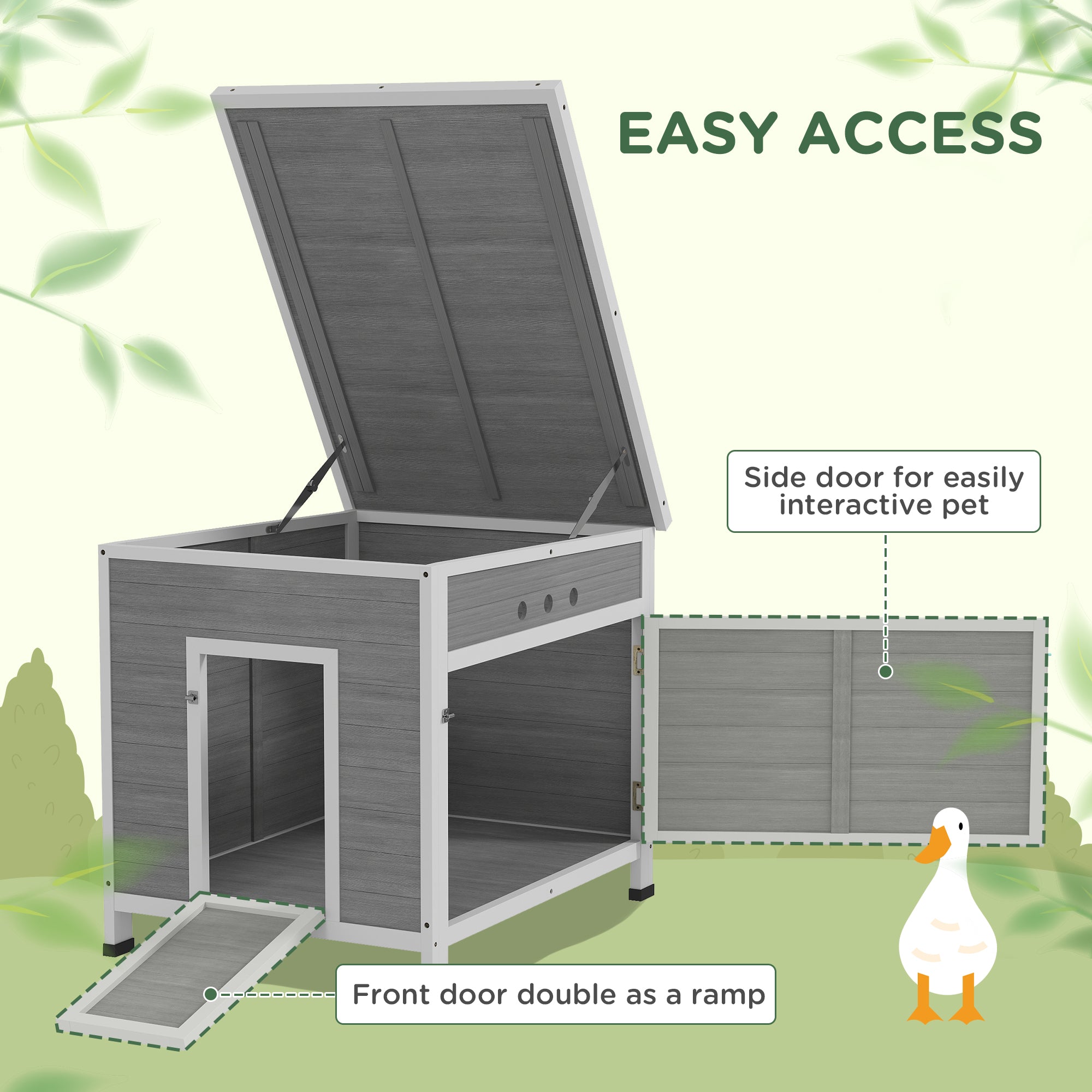 Kozy - Wooden Duck House with Ramp, Double Doors, Openable Asphalt Roof, Ventilation Holes, Removable Base, Light Grey