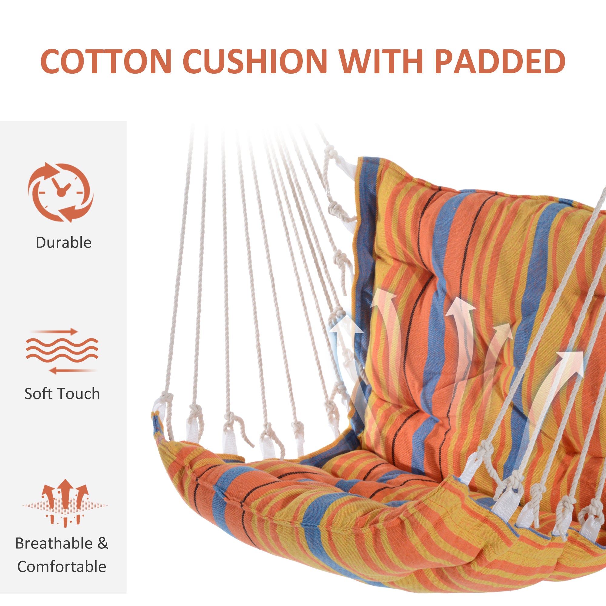 Kozy Outdoor Hanging Rope Chair with Soft Padded Seat & Backrest, Garden Hammock Chair with Wooden Support Bar Cotton Cloth, Portable Garden Chair for Patio & Tree, Orange