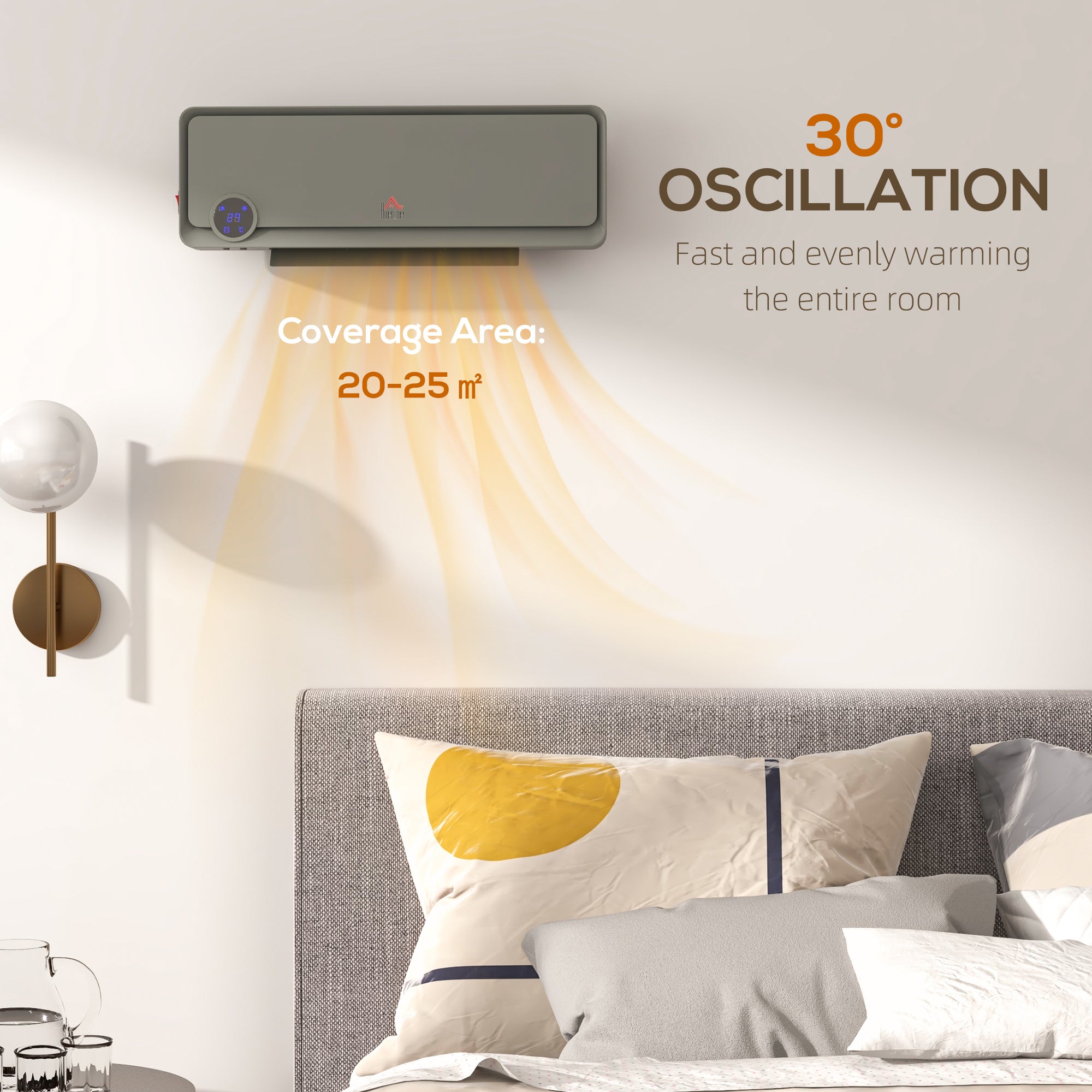 Kozy - Wall Downflow Heater 2 Heat and Fan 1000W/2000W, Electric Space Heater with Timer Remote Oscillating, for Bedroom Home Office, Grey