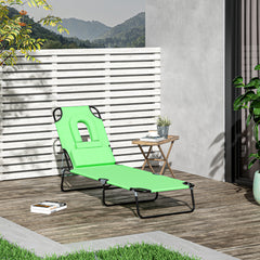 Outsunny Foldable Sun Lounger, Reclining Chair with Pillow and Reading Hole, Garden Beach Outdoor Recliner, Adjustable, Green